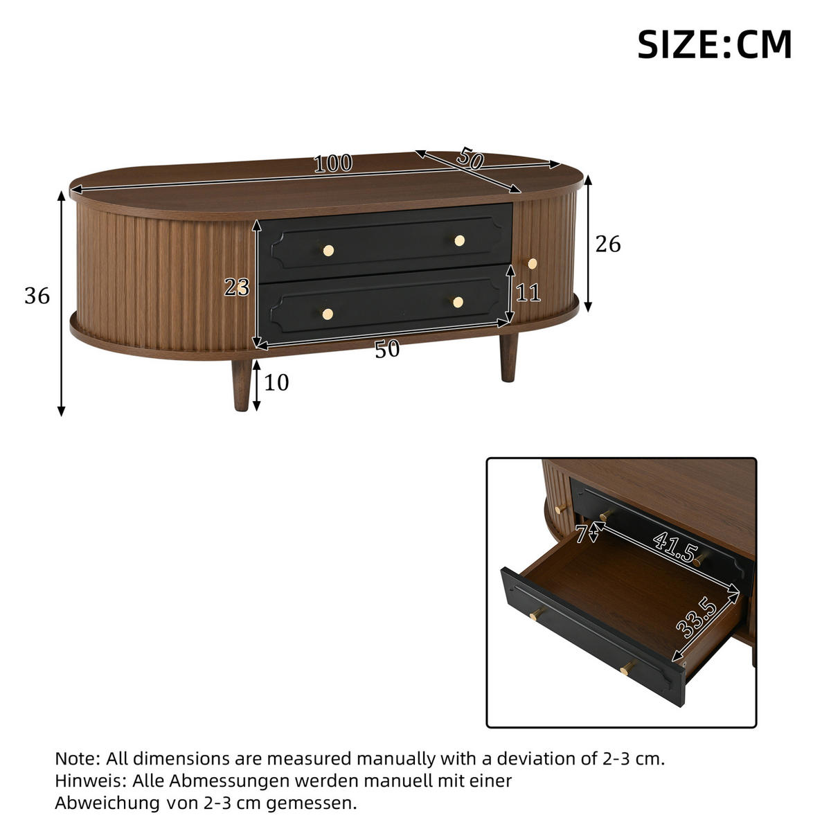KLUBSKA miza, 100/50/36 cm, v videzu oreha in črne barve, z 2 predaloma in roletnimi vrati - barva oreha, leseni material (100/50/36cm) - BEAOK
