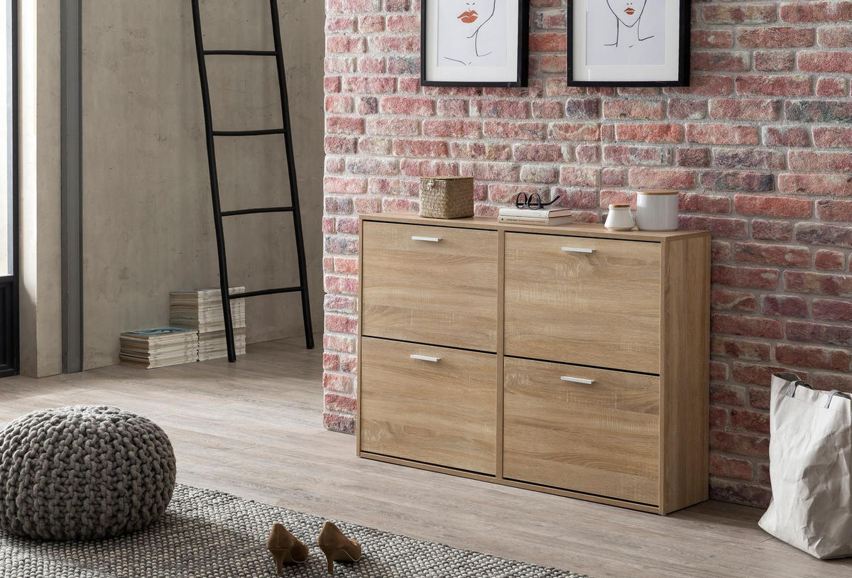 SCHUHSCHRANK Holz mit 4 Klappen und großer Ablage, Beige 120x24x81 cm - Beige, Holz/Metall (120/81/24cm) - KADIMA DESIGN