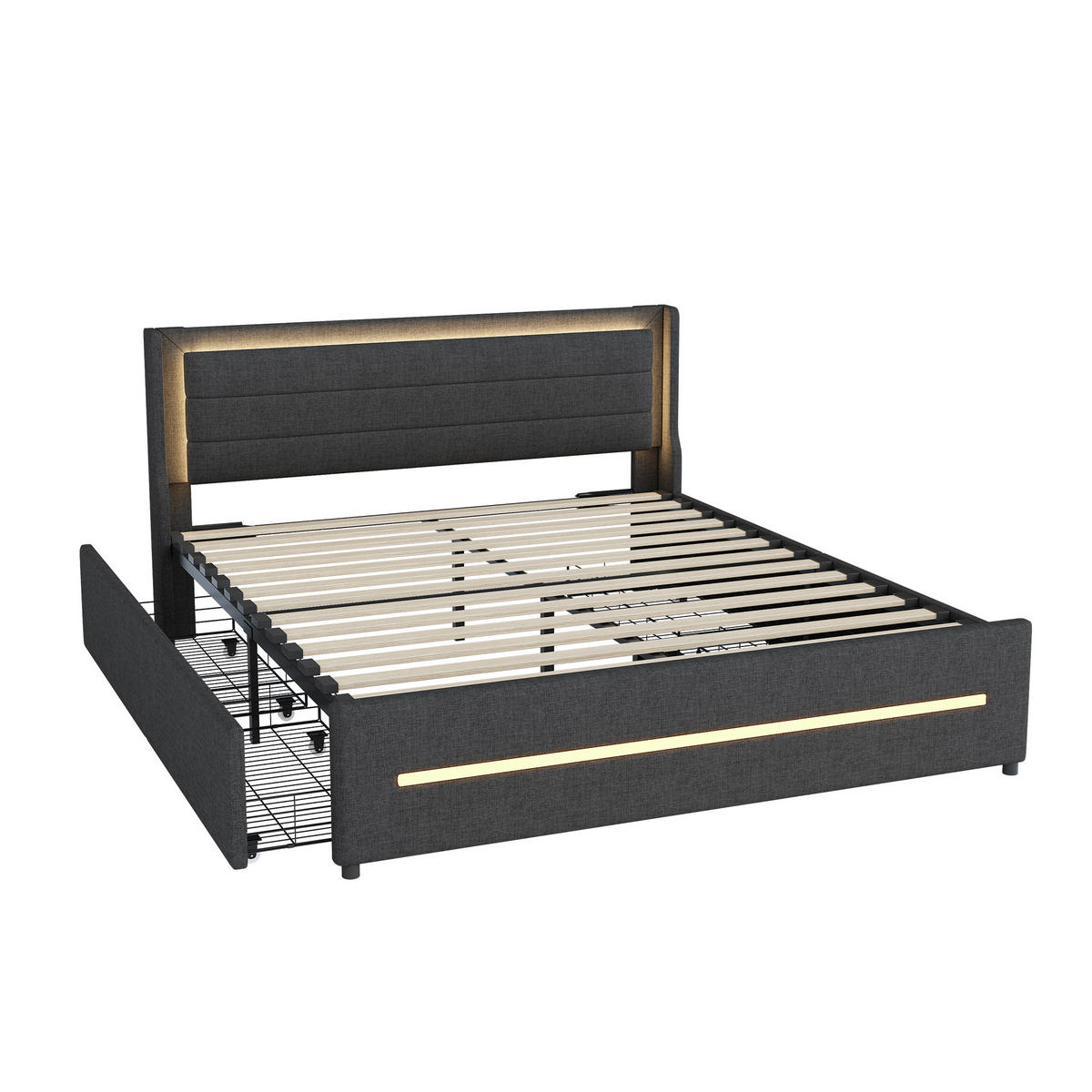 POLSTERBETT 160/200 cm DE-01937, in Grau, mit LED-Beleuchtung und 4 Schubladen - Grau, Metall (160/200cm) - ComfortXL