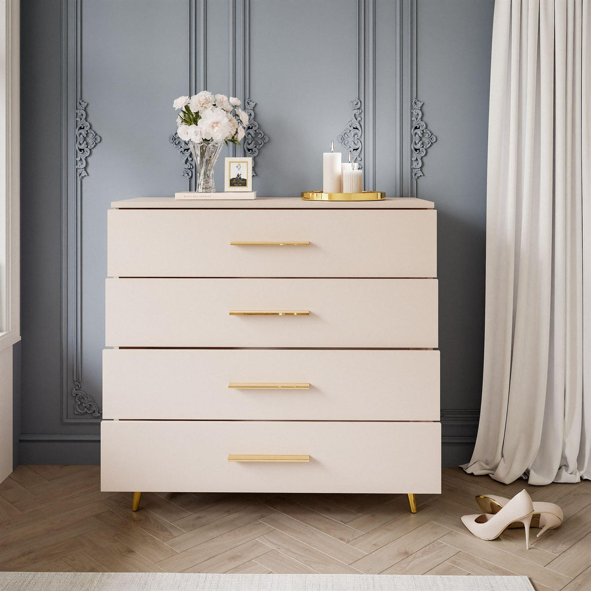 KOMMODE AURA KASCHMIR 4S mit Schubladen Goldene Beine und Griffe - Kaschmir/Goldfarben, Holzwerkstoff (95/90/40cm) - Lookway