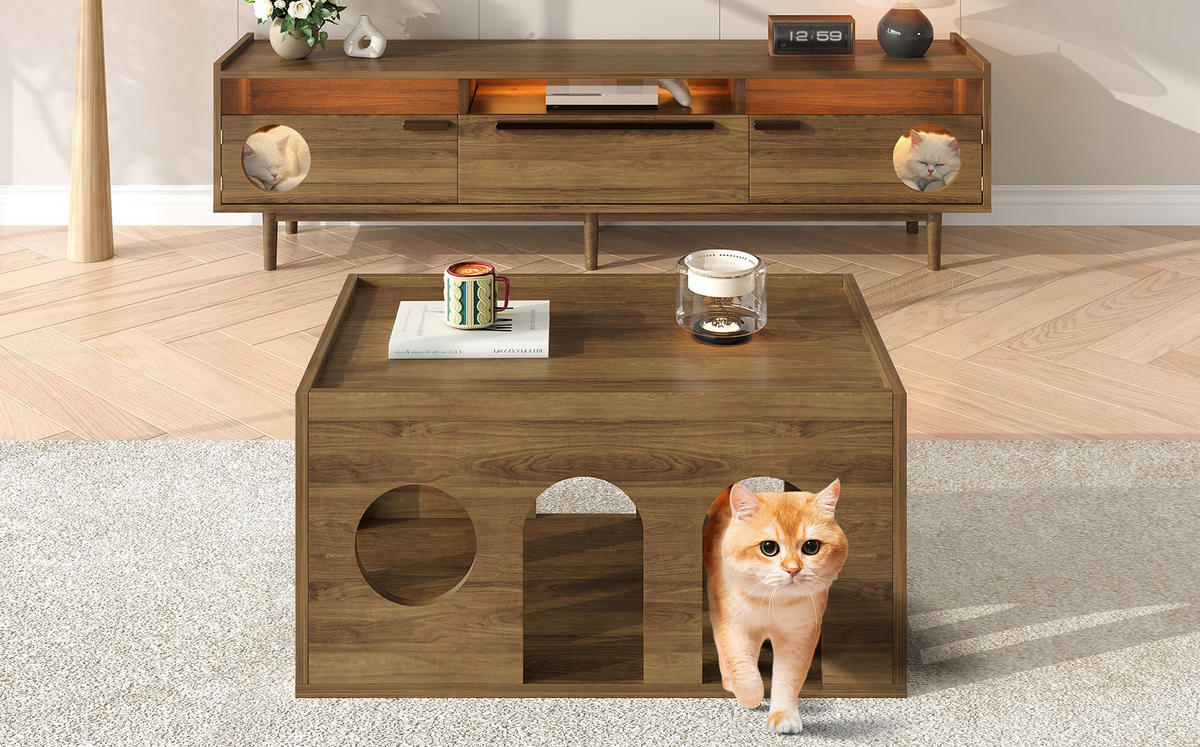 TV-ELEMENT mit LED und Katzenruheraum Holzwerkstoff Nussbaumfarbe - Braun, Holzwerkstoff (40/50/180cm) - Beauniv