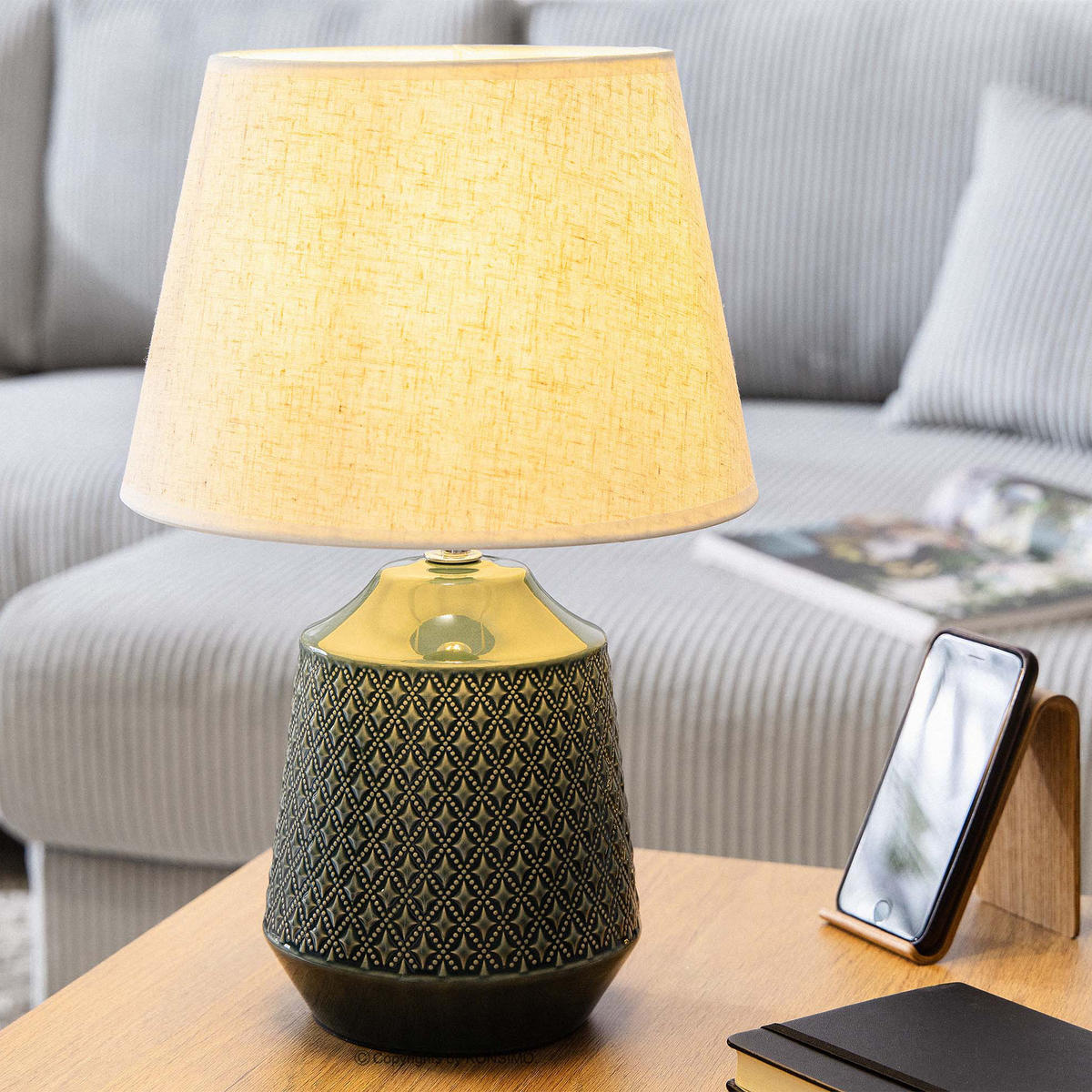 TISCHLEUCHTE SOPI, Tischlampe, Beige, Meeresfarbe - Türkis/Beige, Keramik/Textil (25/25/39cm) - KONSIMO®