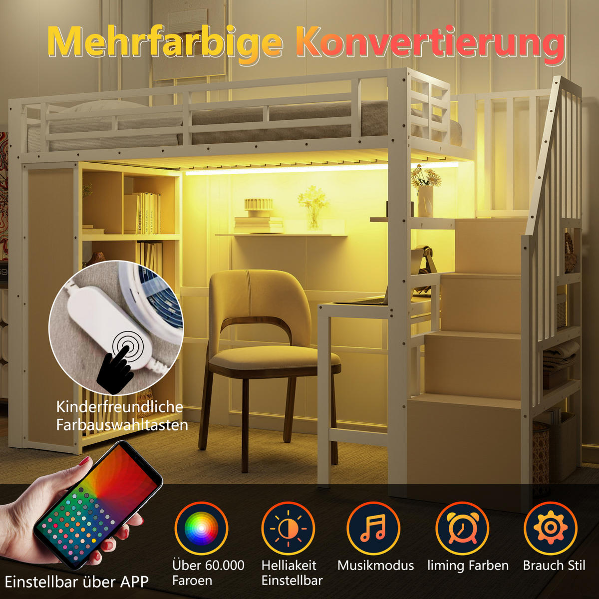 HOCHBETT 90/200 cm Weiß mit Schreibtisch, Stauraumtreppe und LED-Beleuchtung - Weiß, Metall (90/200cm) - Flora Grace