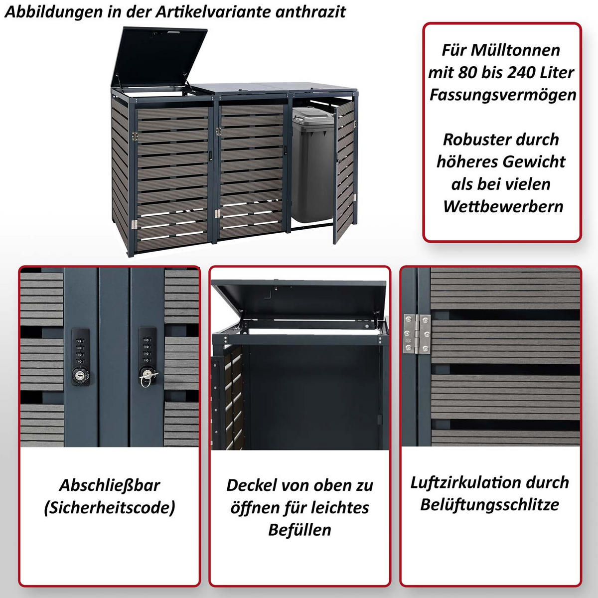 3ER-MÜLLTONNENVERKLEIDUNG Anthrazit - Anthrazit, Metall (205/119/84cm) - MCW