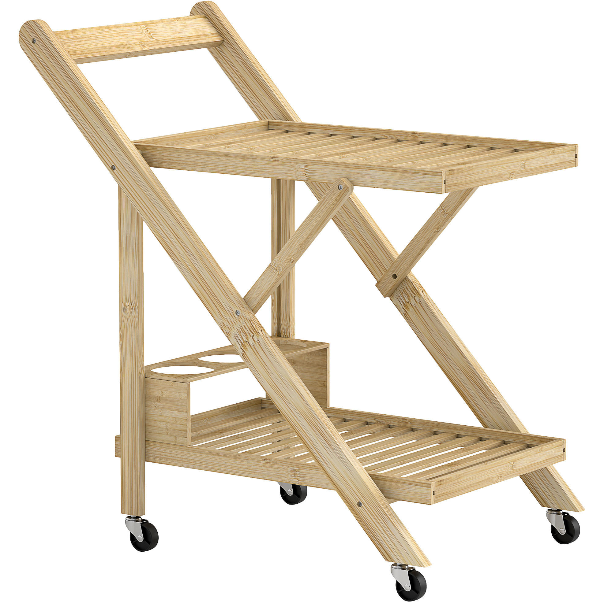 KÜCHENINSEL 66/40/70 cm klappbar mit Rollen, 2 Ablagen und Weinregal aus Bambus, Natur - Hellbraun, Naturmaterialien (66/70/40cm) - Redom