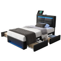 POLSTERBETT 90/200 cm mit USB-Anschluss, LED-Beleuchtung und 4 Schubladen in PU, Schwarz - Schwarz, Kunststoff (90/200cm) - Redom