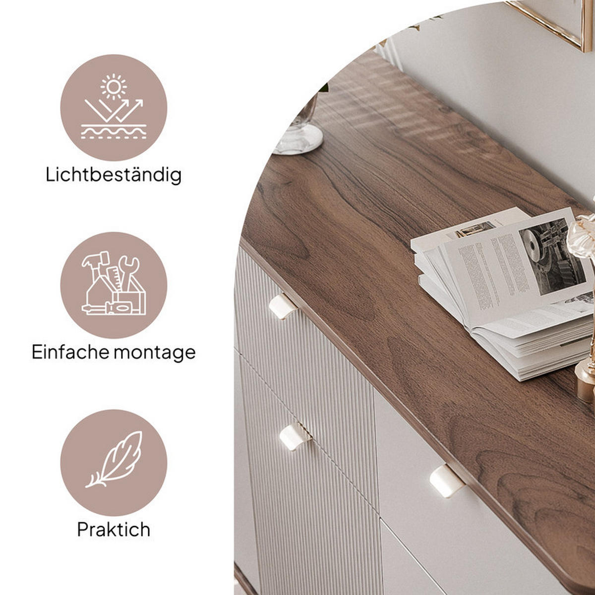 KOMMODE mit Schubladen NAVANI 130 cm Kaschmir/ Nuss - Kaschmir/Nussbaumfarben, Holzwerkstoff/Metall (130/82/40cm) - Idohome