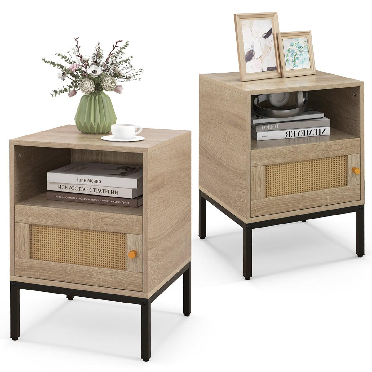 NACHTTISCH Natur mit Regal und Schrank, 40x40x57 cm - Edelstahlfarben/Naturfarben, Holzwerkstoff/Metall (40/57/40cm) - DESIGN IN