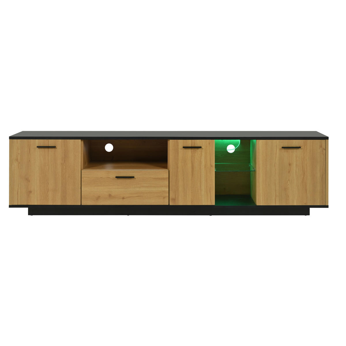 TV stolek z MDF 180x37x45 cm černá a dekor dřeva s LED osvětlením, 3 dvířky a zásuvkou - černá, kompozitní dřevo (180/45/37cm) - Modfu