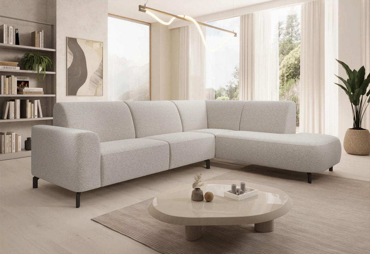 ECKSOFA Lununa Creme mit Armlehne, Bouclé, Ottomane rechts - Creme/Schwarz, Textil/Metall (218/277cm) - Selsey