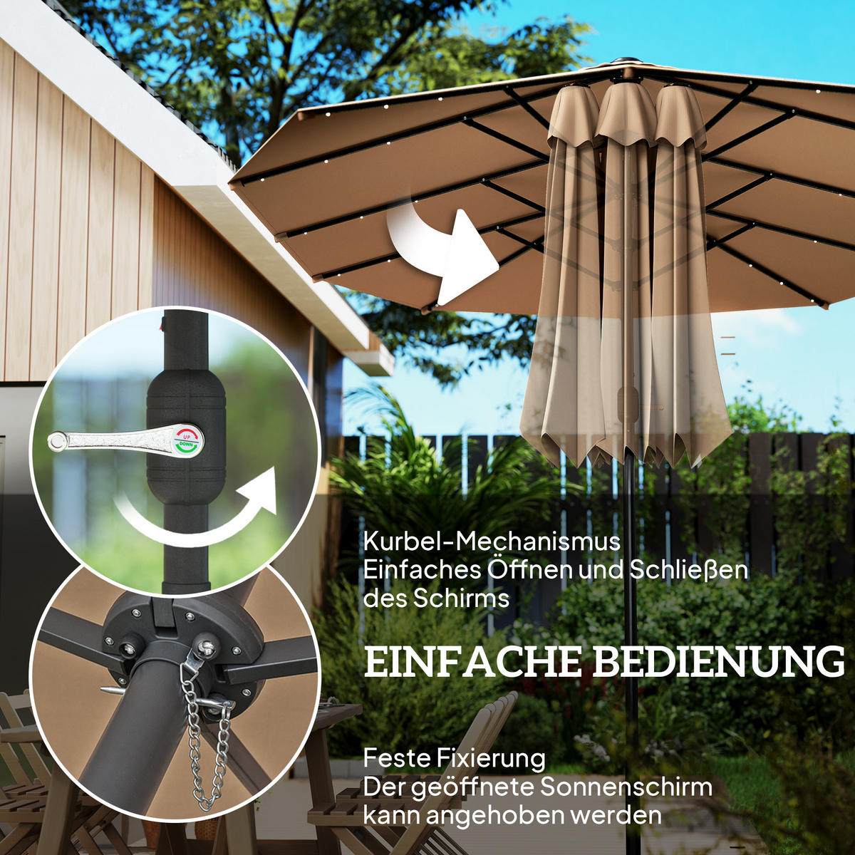 SONNENSCHIRM mit LED Doppelsonnenschirm 443 x 260 cm Gartenschirm Oval Khaki - Braun, Kunststoff/Metall (443/260cm) - Outsunny
