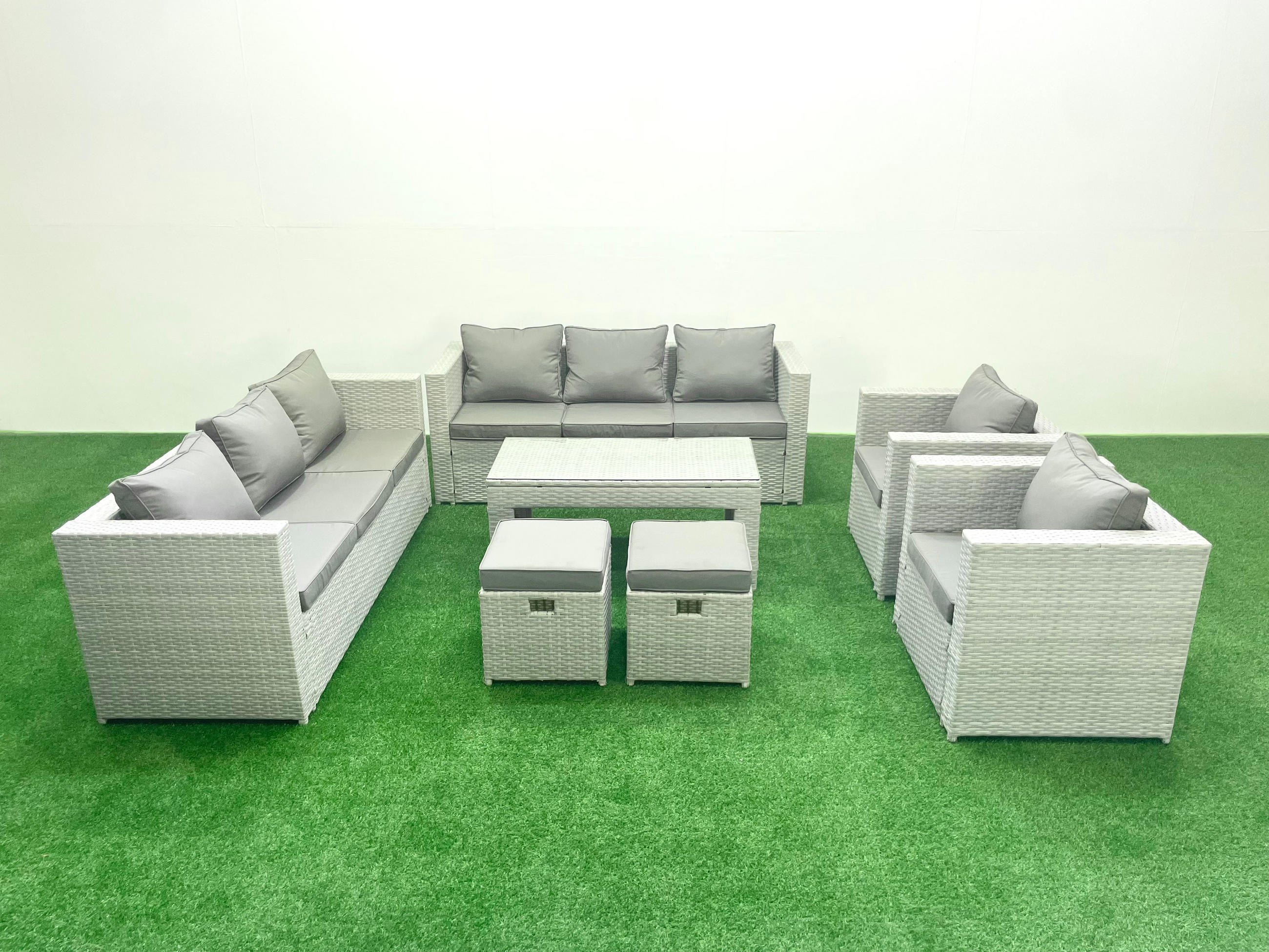 GARTENSOFA hohe Rückenlehne Polyrattan Hellgrau-Mix 10-Sitzer - Hellgrau/Grau, Glas/Kunststoff - Fimous