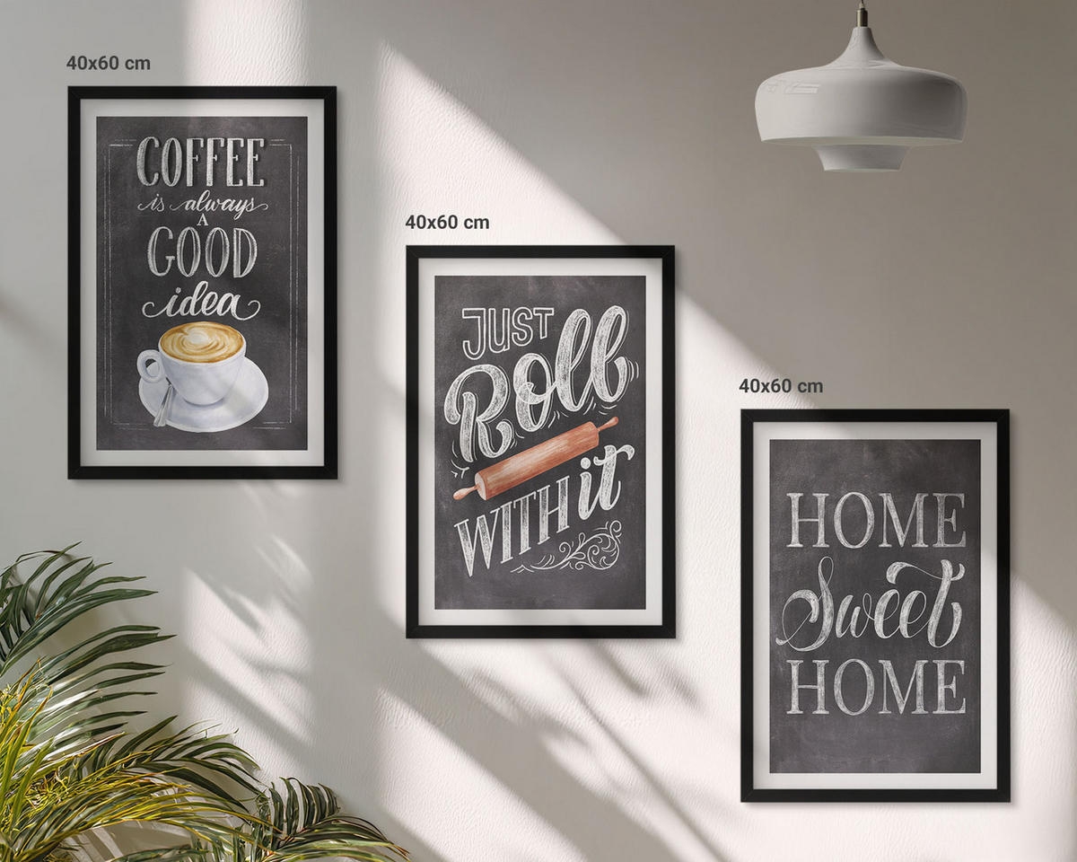 BILDER SET 3er Set - 40x60 cm Schwarzer Rahmen - Kaffeeroller, heimelige Wärme - Schwarz, Kunststoff (40/60cm) - TULUP