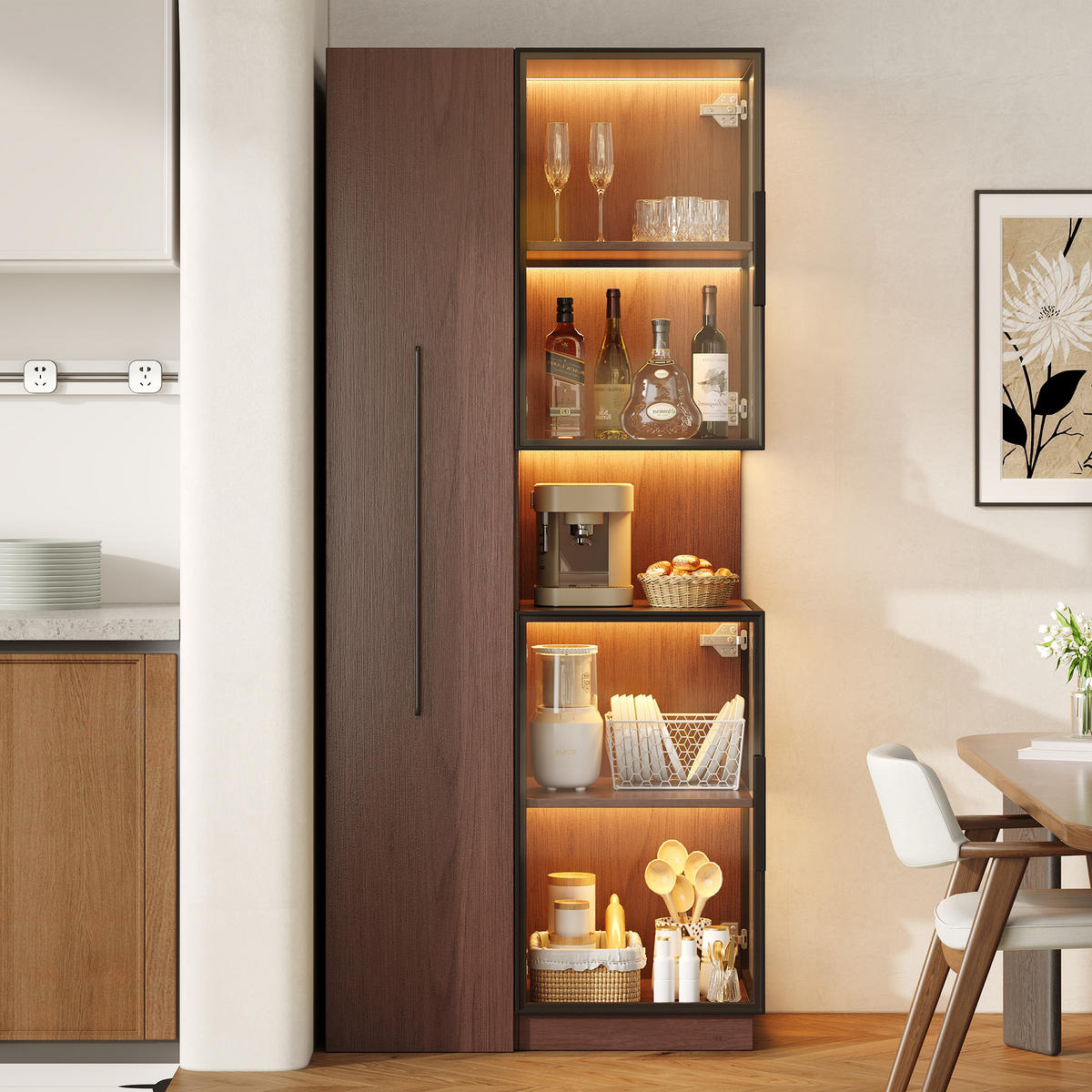 VITRINE 70cm Walnuss Glas LED Ausziehregal modern - Braun, Holzwerkstoff (70/160/38cm) - FLIEKS