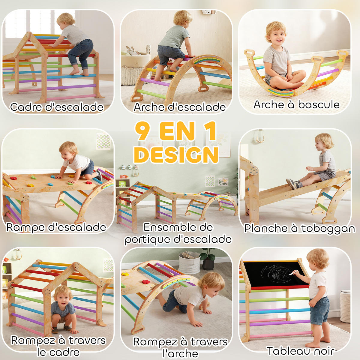KLETTERDREIECK DE-18398 9-in-1 mit umkehrbarer Rutsche & Wippe Bunt - Naturfarben, Holzwerkstoff (52.5/100cm) - ComfortXL