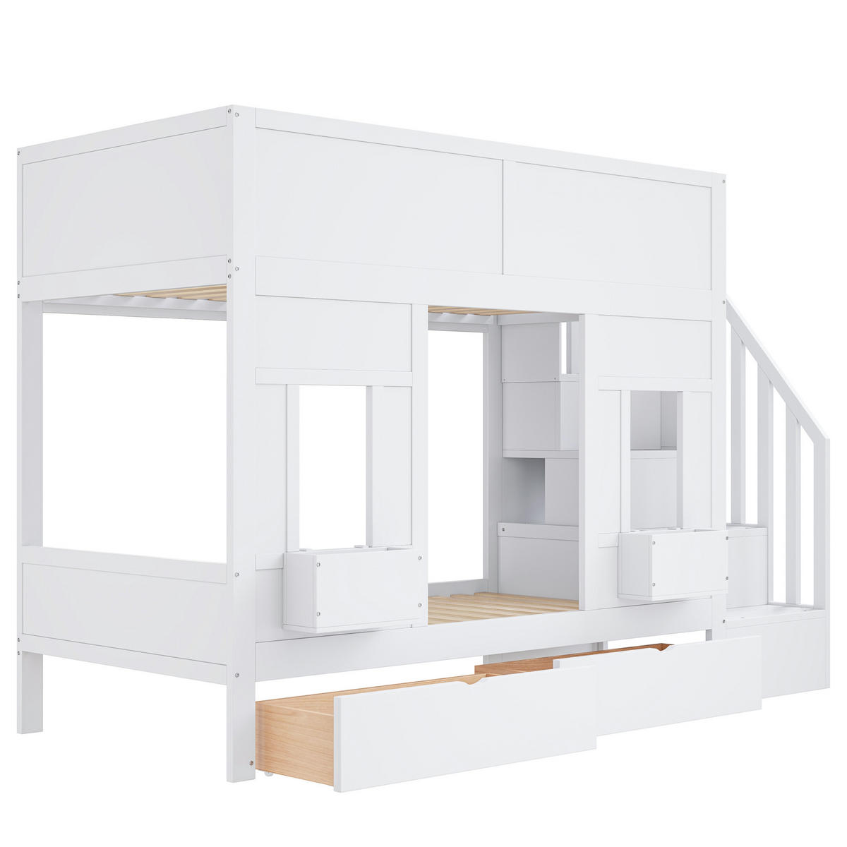 HOCHBETT 90/200 cm mit Stauraumtreppe, 2 Schubladen, Fenstern und Schutzgitter, Weiß - Weiß, Holzwerkstoff (90/200cm) - Redom