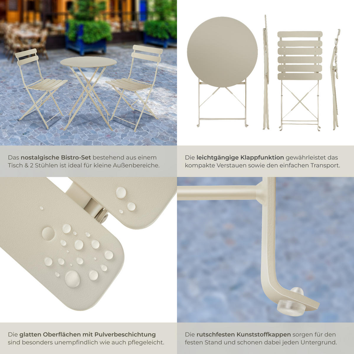 BISTROTISCH SET Frieda,Belastbarkeit Stuhl 120 kg,creme - Creme, Naturmaterialien/Textil - tectake