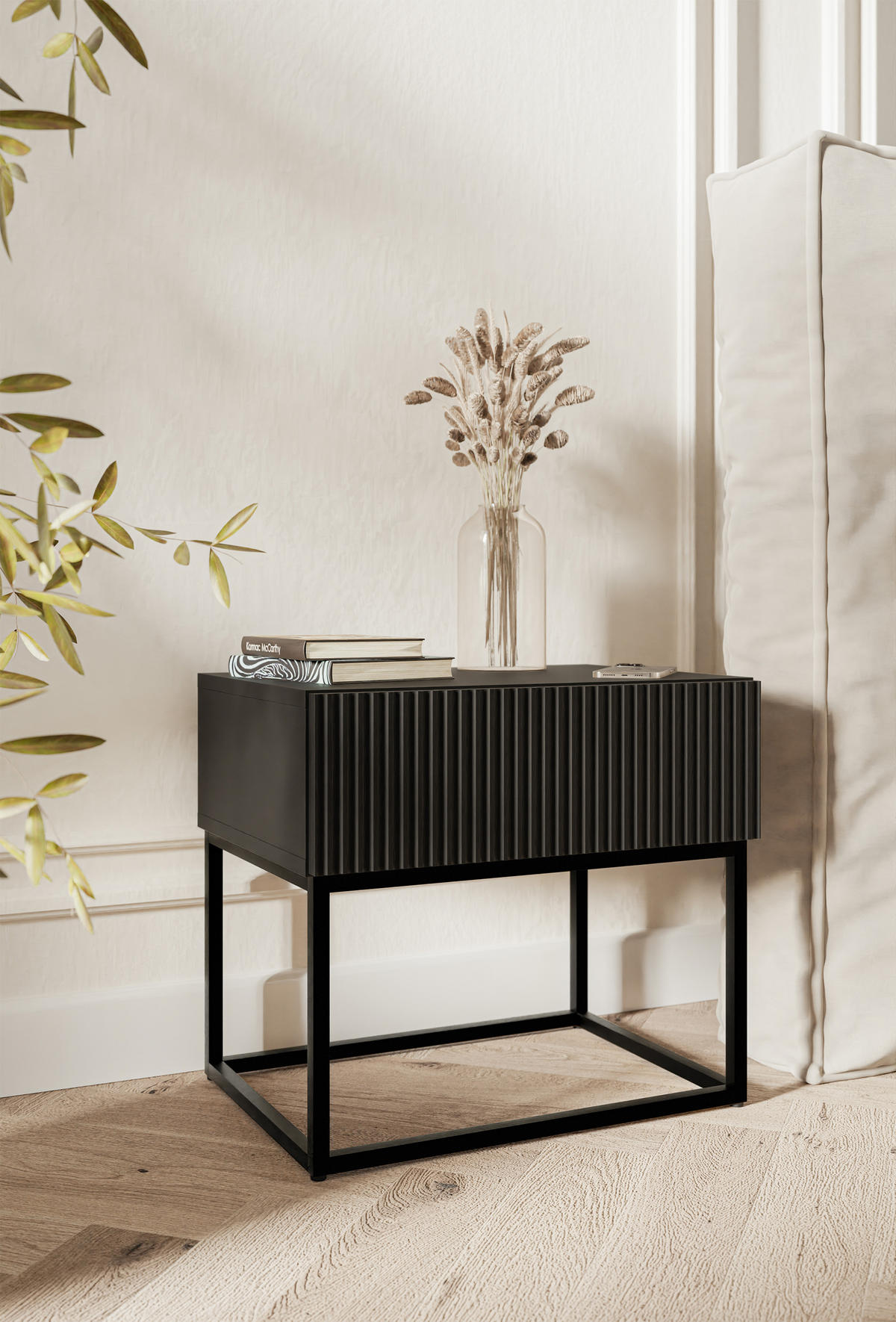 NACHTSCHRANK Veldio Schwarz mit schwarzen Beinen 50 cm - Schwarz, Holzwerkstoff/Metall (50/44/35.6cm) - Selsey