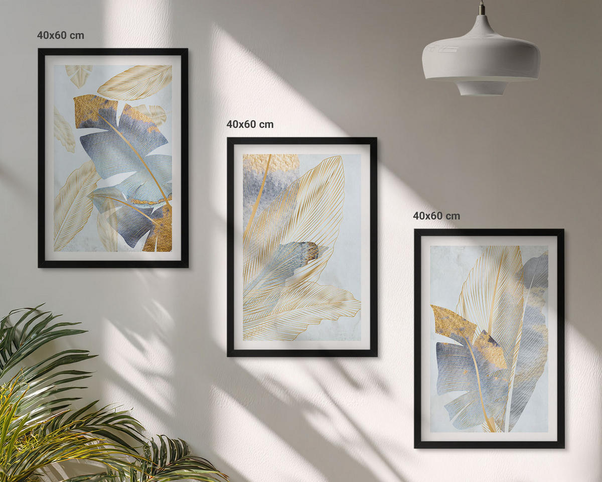 BILDER SET 3er Set - 40x60 cm Schwarzer Rahmen - Hellblau-beige Blätter - Schwarz, Kunststoff (40/60cm) - TULUP