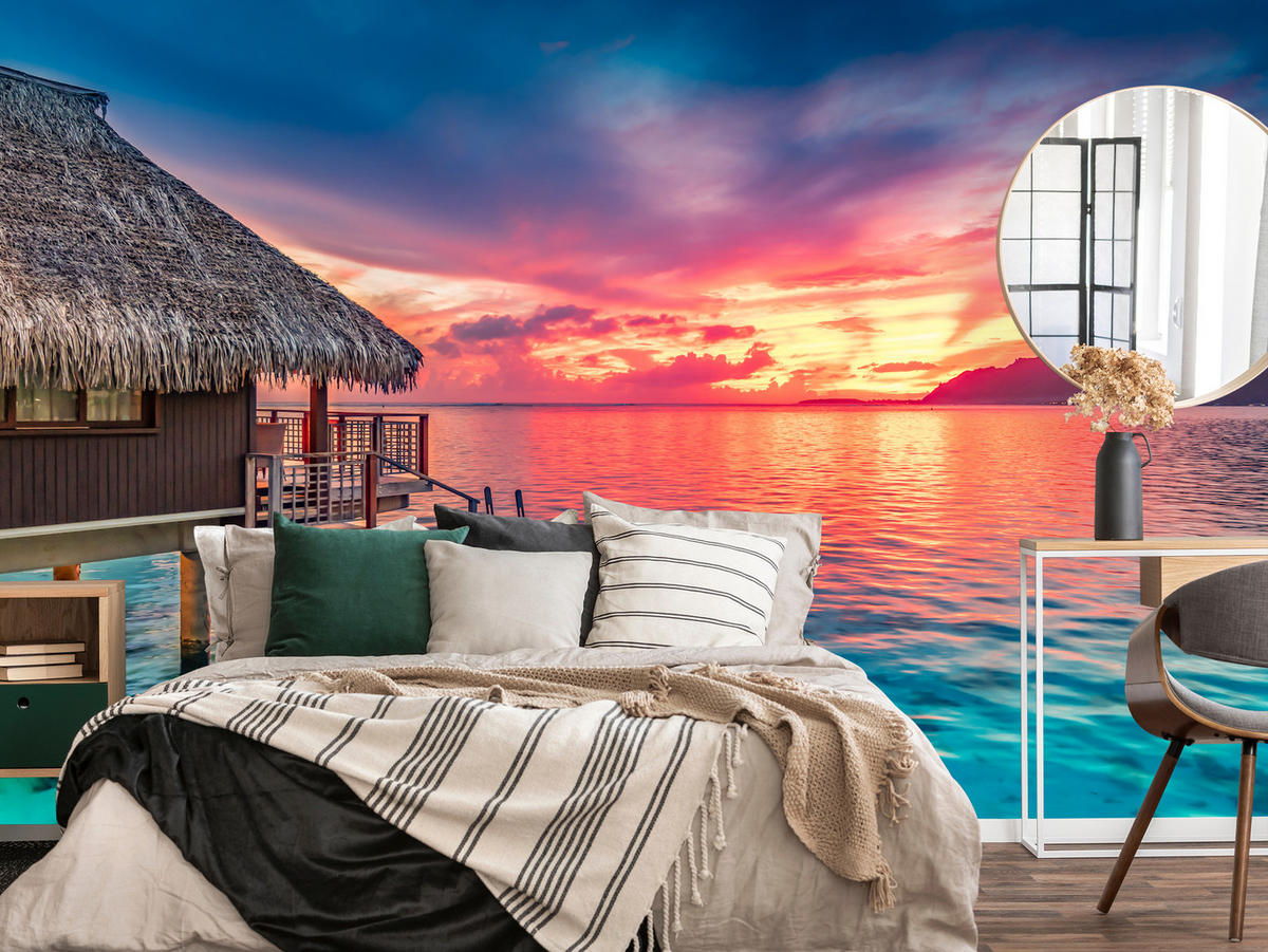 FOTOTAPETE für Wohnzimmer Sonnenuntergang Ozean Holzhütte 200x140 - Türkis/Blau, Papier (200/140cm) - Muralo