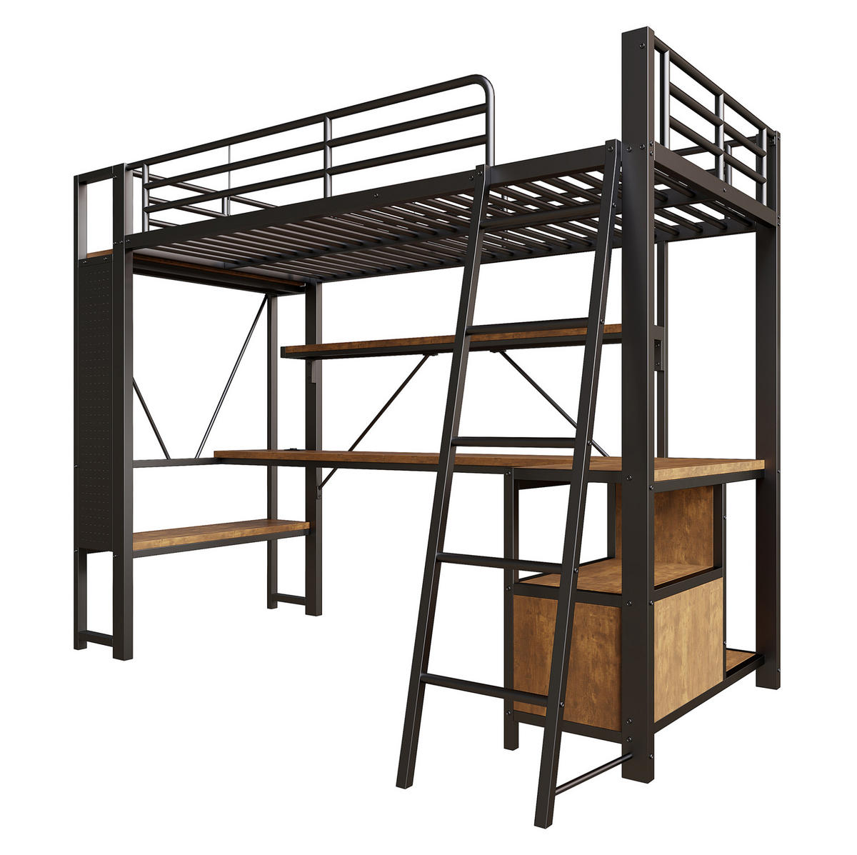 HOCHBETT 90/200 cm aus Metall und MDF mit Schreibtisch und LED-Lichtleiste Schwarz - Schwarz, Metall (90/200cm) - Modenvie
