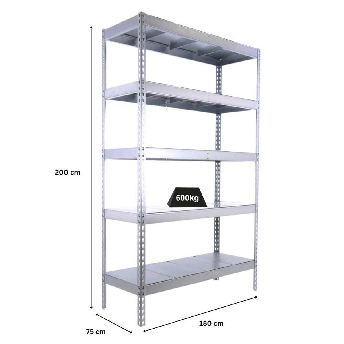 SCHWERLASTREGAL METAL BEAST FIVE | HxBxT 200x180x75cm | Fachlast 600kg | Verzinkt - Silberfarben, Metall (180/200/75cm) - PROREGAL