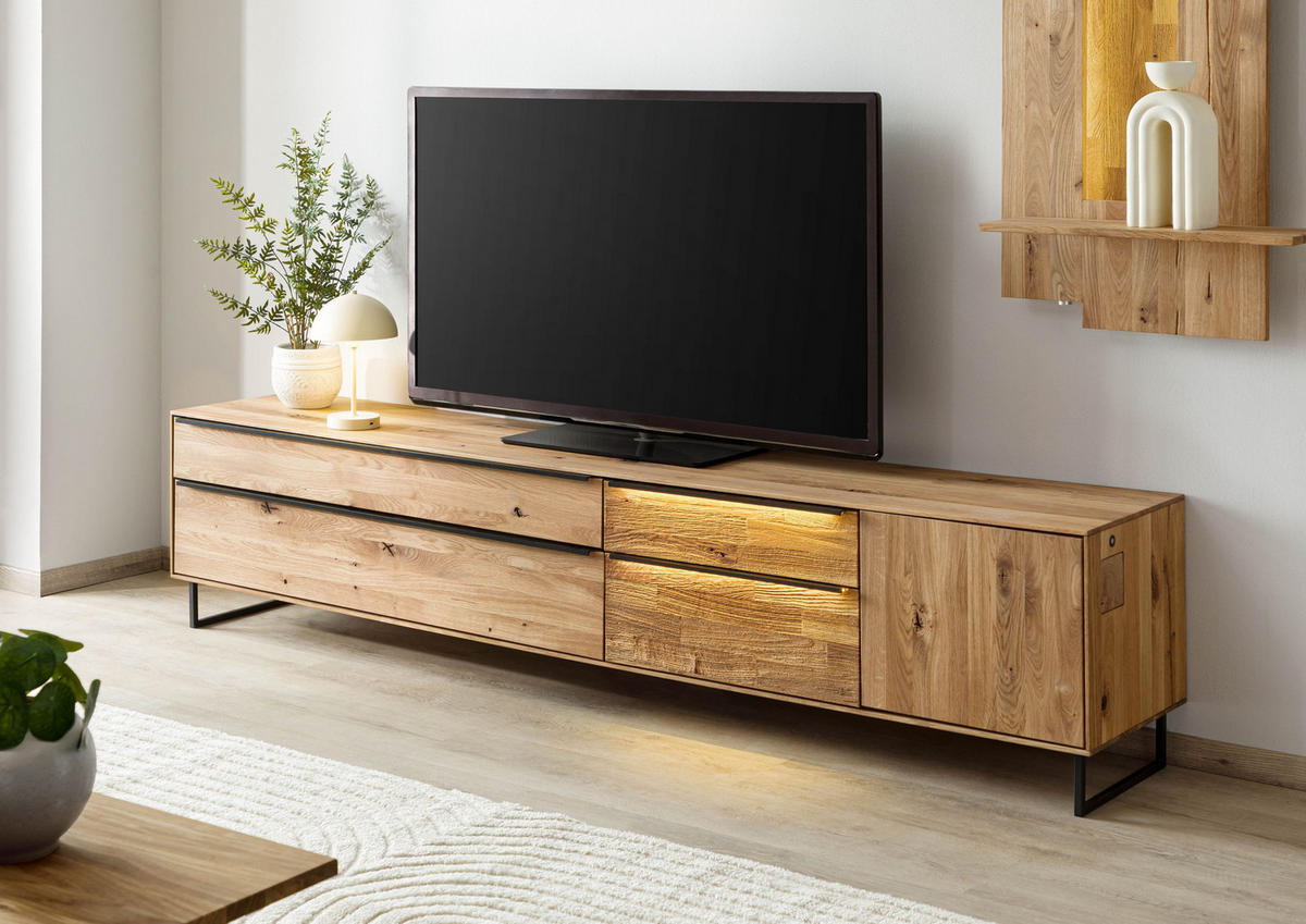 LOWBOARD Wildeiche 235x43x52 natur geölt WIEN #206 - Naturfarben, Holz (43/52/235cm) - Massivmoebel24
