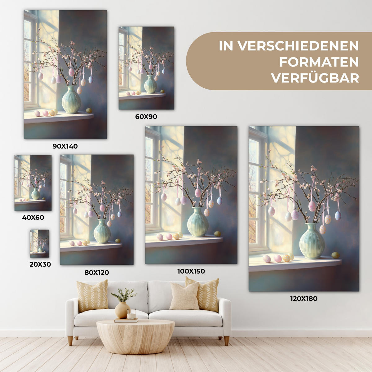 LEINWANDBILD Stillleben - Vase - Osterzweig Deko Groß 90x140 cm - Hellblau, Textil (90/140cm) - MuchoWow