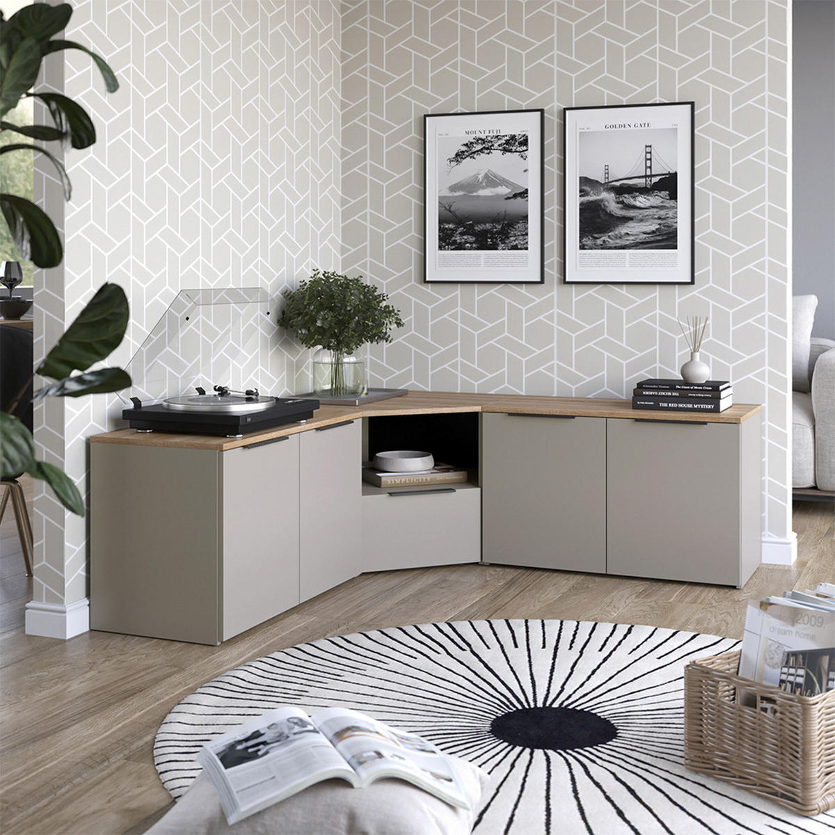 WOHNWAND Wido Greige 3 Teile - Greige/Sonoma Eiche, Holzwerkstoff (68/50/68cm) - Vicco