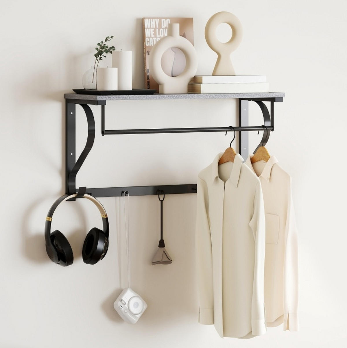 WANDGARDEROBE Grau aus Holz mit Ablagefach und 5 Haken - Grau, Holz (25/35.4/70cm) - OKMYHOME