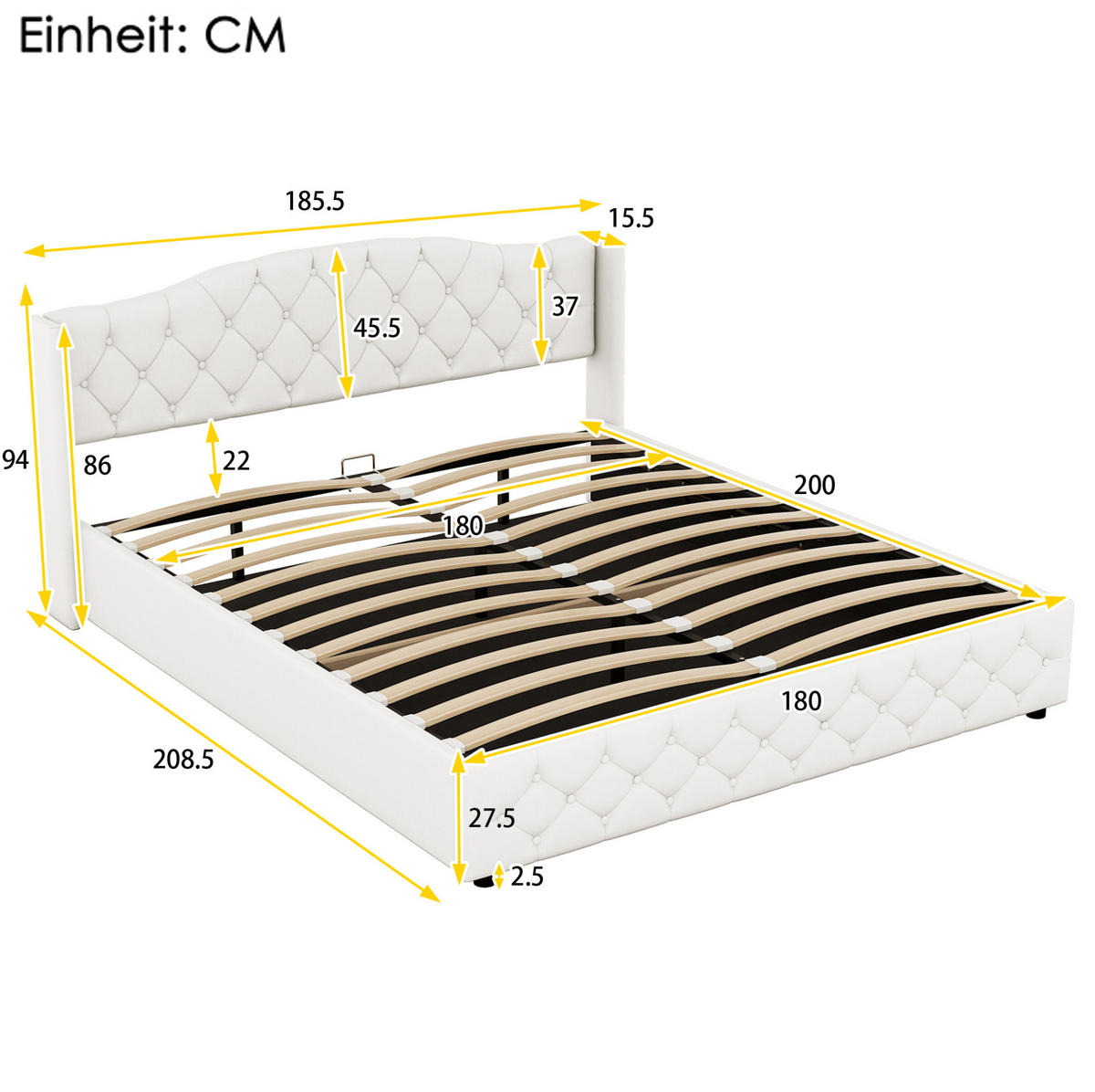 POLSTERBETT 180/200 cm aus Leinen mit hydraulischem Bettkasten Beige - Beige, Textil (180/200cm) - Modenvie