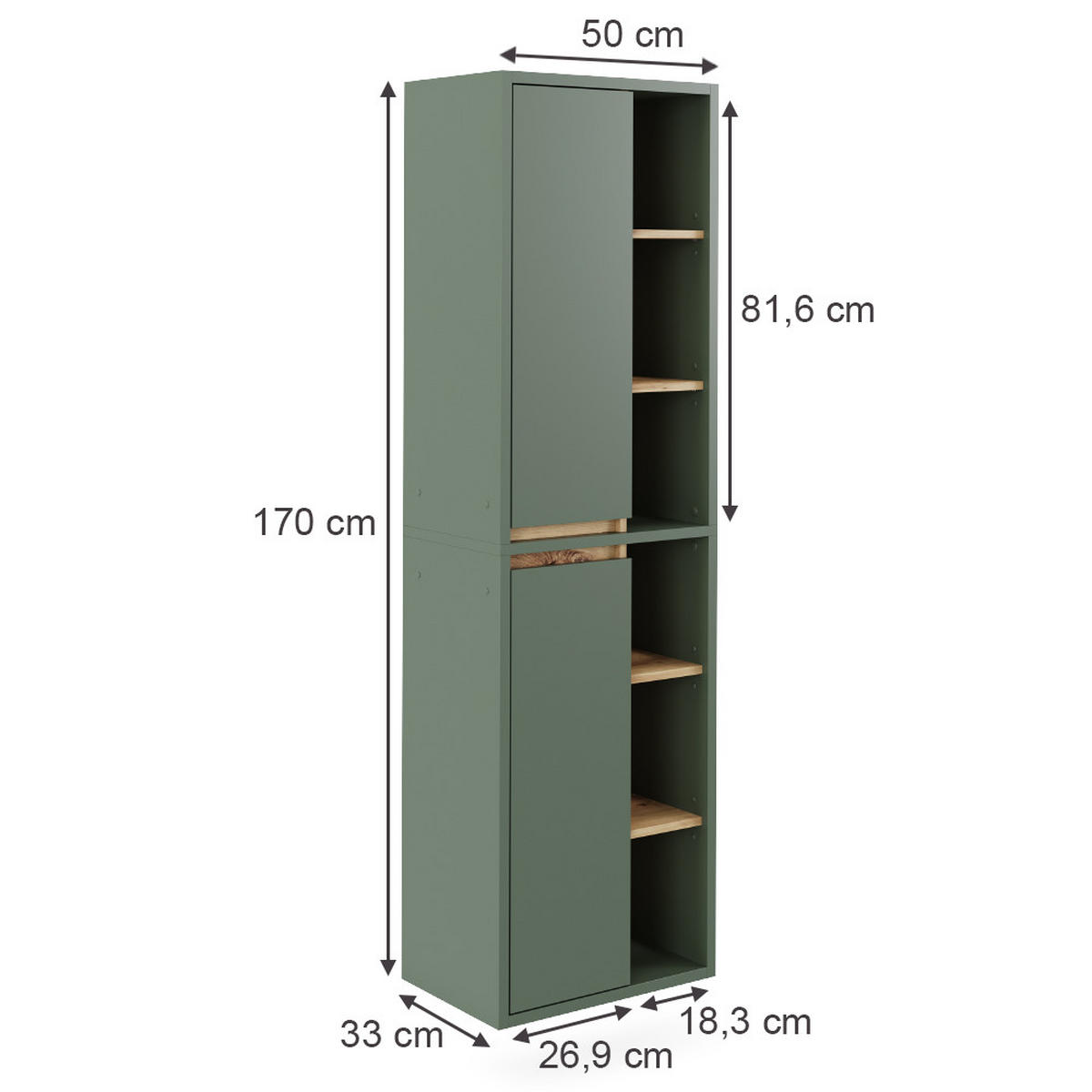HOCHSCHRANK Viola Grün/Anthrazit 50 x 170 cm mit offenen Regalen - Anthrazit/Grün, Holzwerkstoff (50/170/33cm) - Vicco