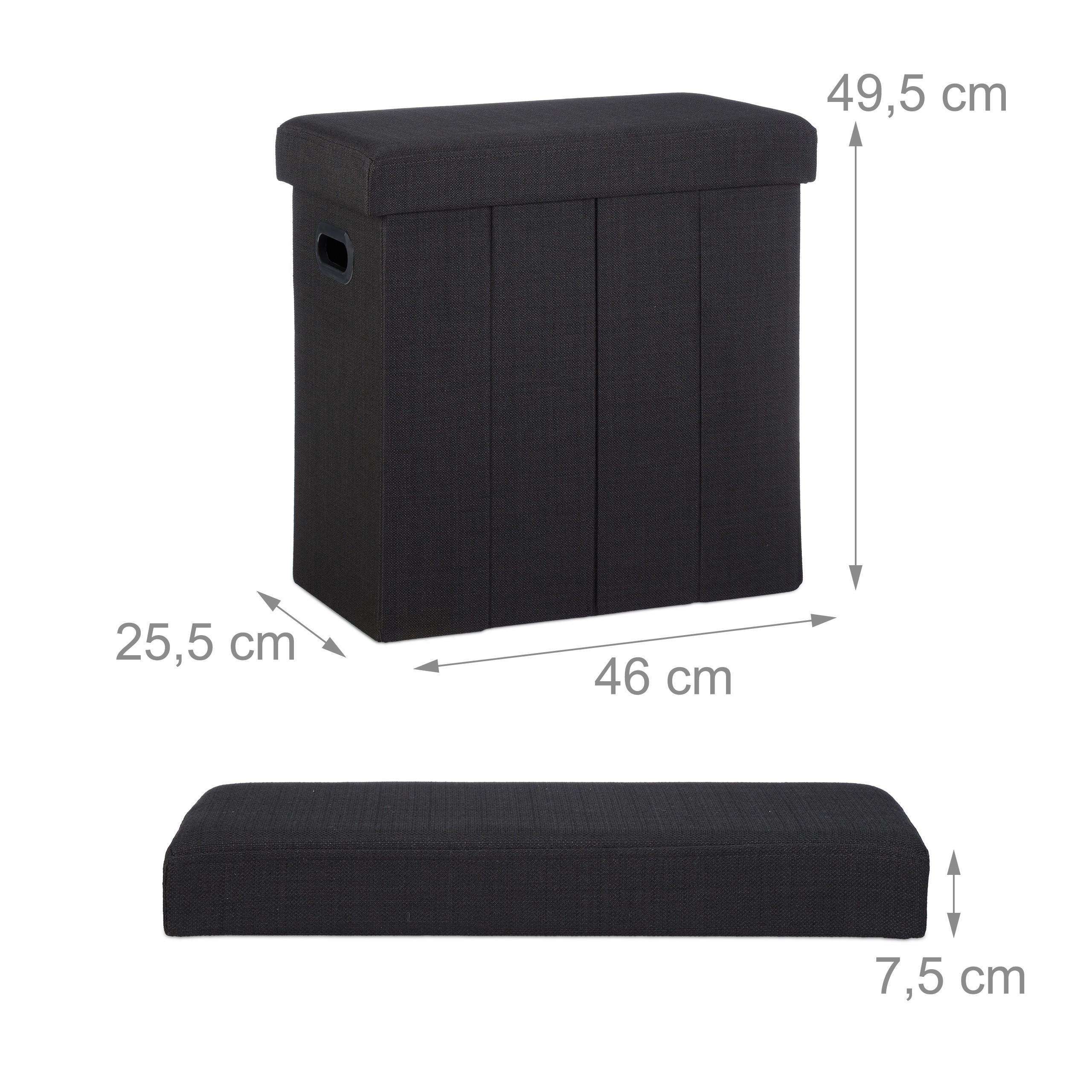 Thumbnail - Relaxdays Sitzhocker, Schwarz, Holzwerkstoff, Textil, 46x25.5x49.5 cm, Wohnzimmer, Hocker, Sitzhocker