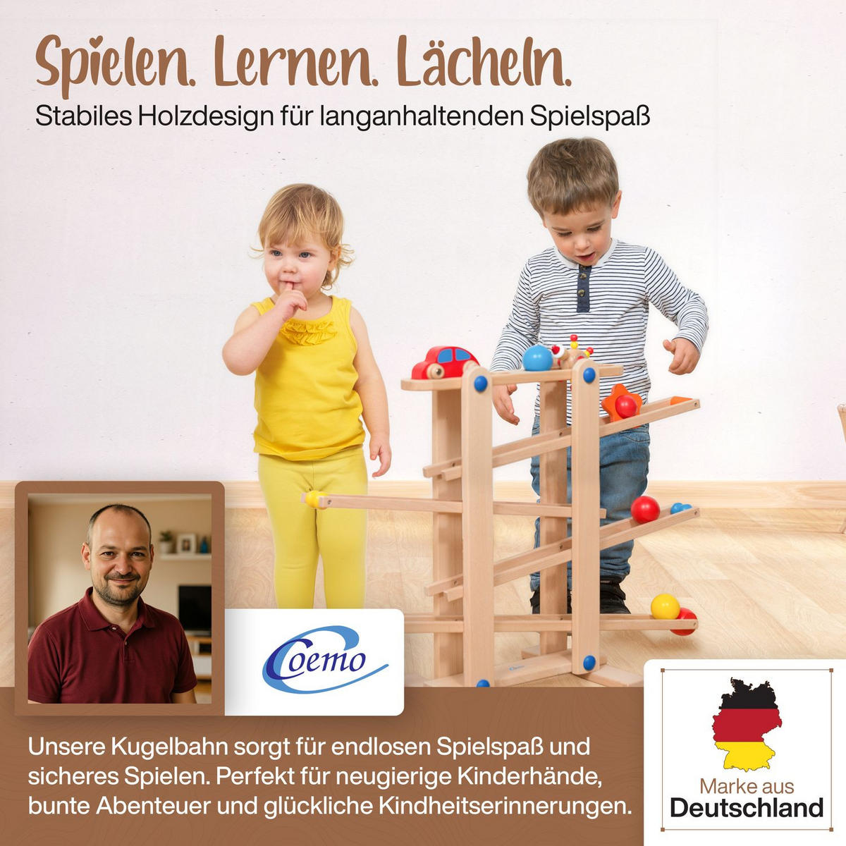 KUGELBAHN L Holz Natur mit 7 Roll Elementen - Naturfarben, Holz (26/70cm) - Coemo