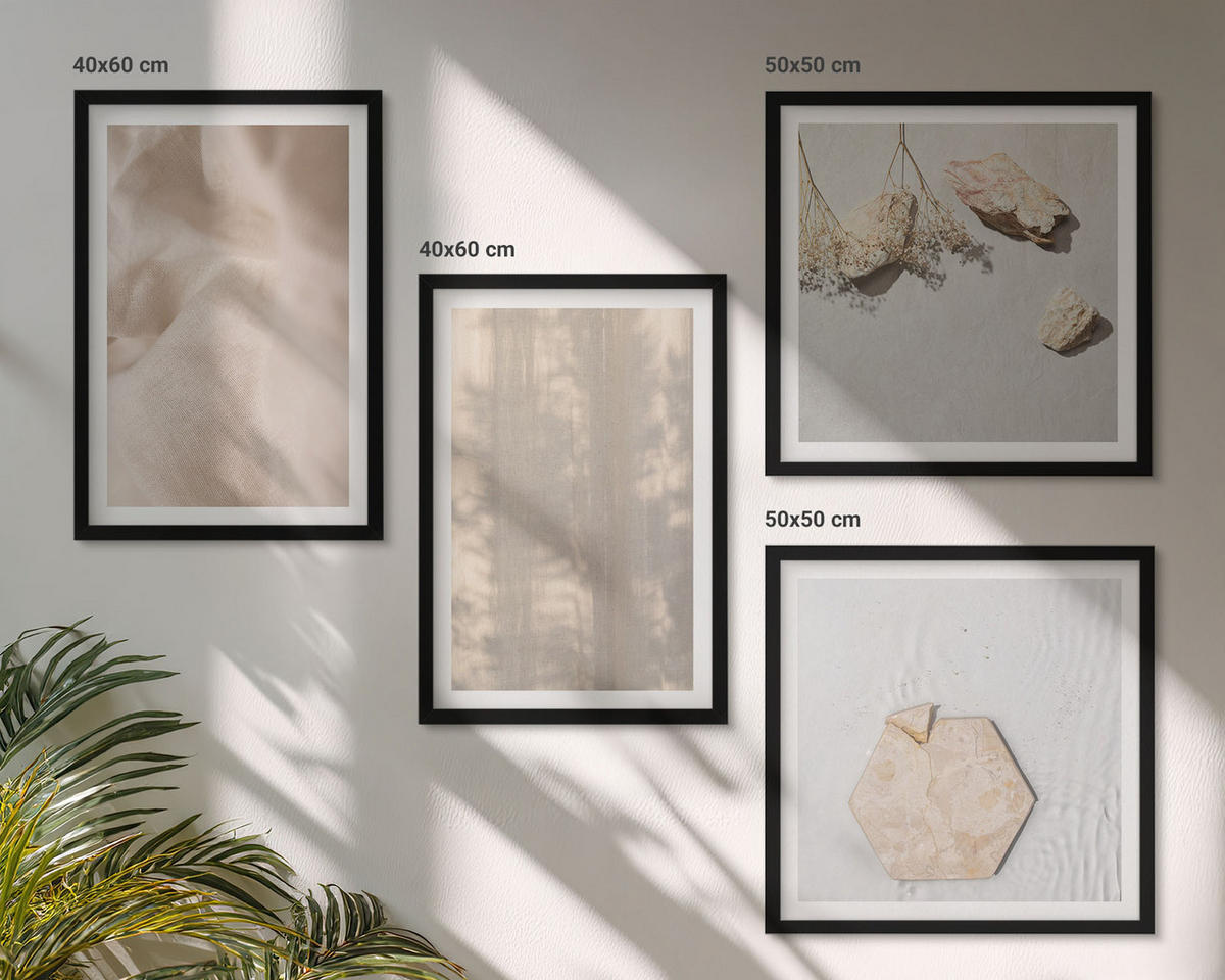 WANDBILDER 4er-Set - 50x50 cm & 40x60 cm Schwarzer Rahmen - Dezente Boho-Naturtexturen - Schwarz, Kunststoff (50/50cm) - ArtPrintCave