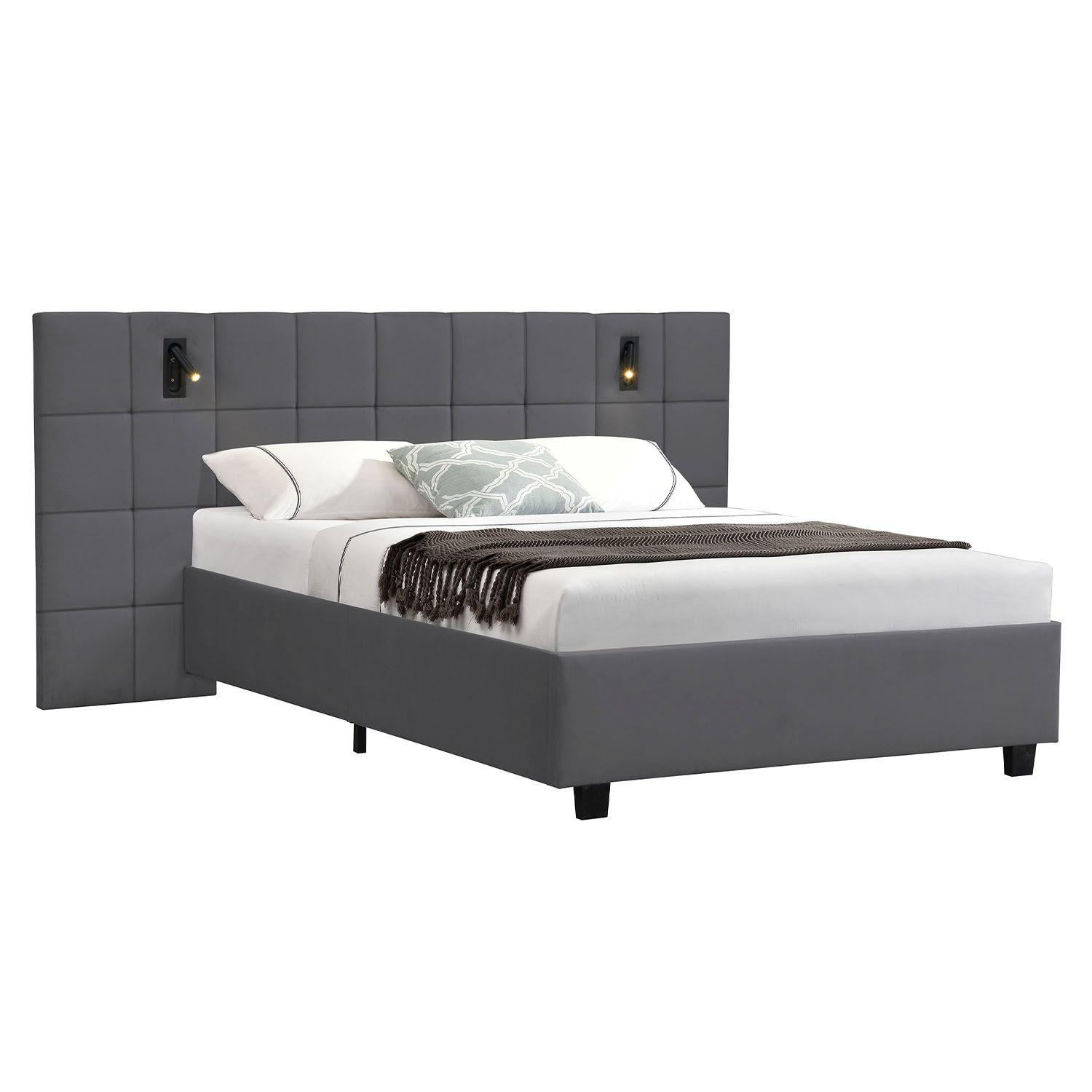 POLSTERBETT Luzano mit Leselicht Dunkelgrau Samt - Dunkelgrau, Holz (140/200cm) - Juskys
