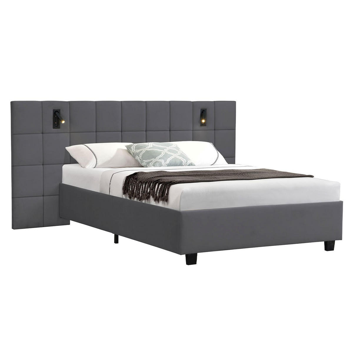POLSTERBETT Luzano mit Leselicht Dunkelgrau Samt - Dunkelgrau, Holz (140/200cm) - Juskys