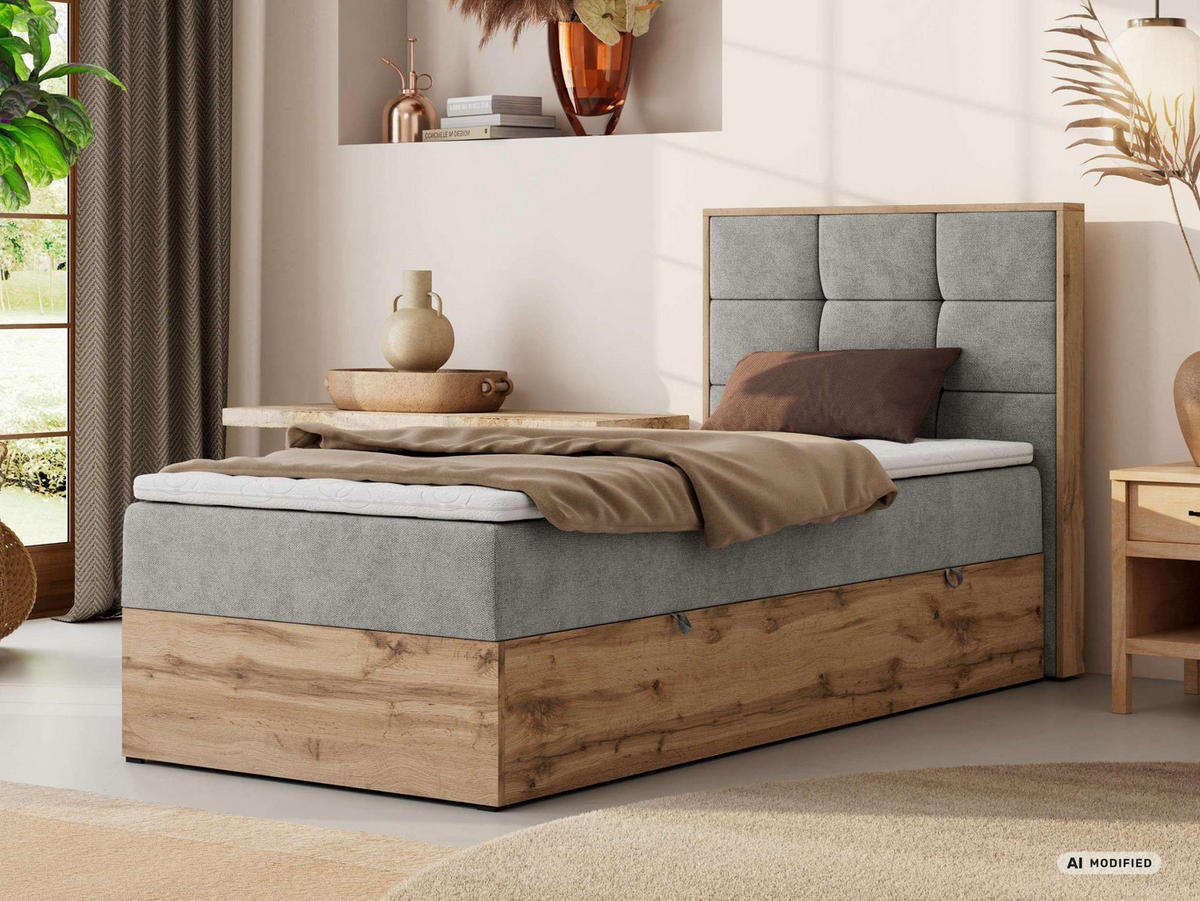 BOXBETT ALBERO 1 90/200 - Hellgrau Stukture - Topper T25 - H4 - Rechts - Silberfarben/Hellgrau, Kunststoff/Textil (90/200cm) - MKS
