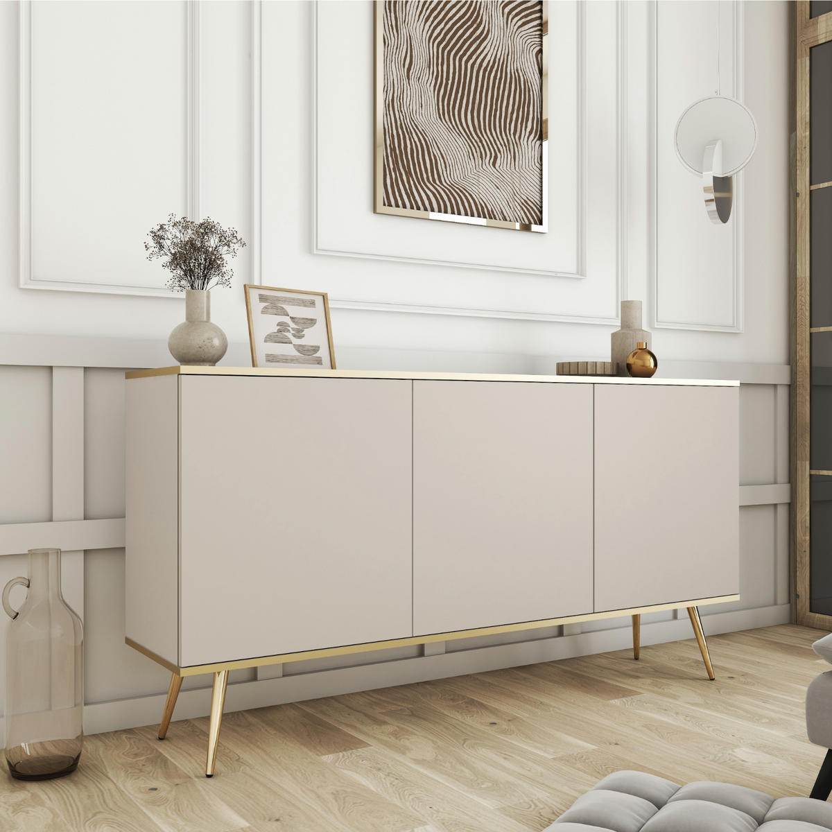 SIDEBOARD BANFF KOM1-3D Goldene Metallbeine, Beige - Beige, Holzwerkstoff/Kunststoff (160/85/39cm) - Komodee