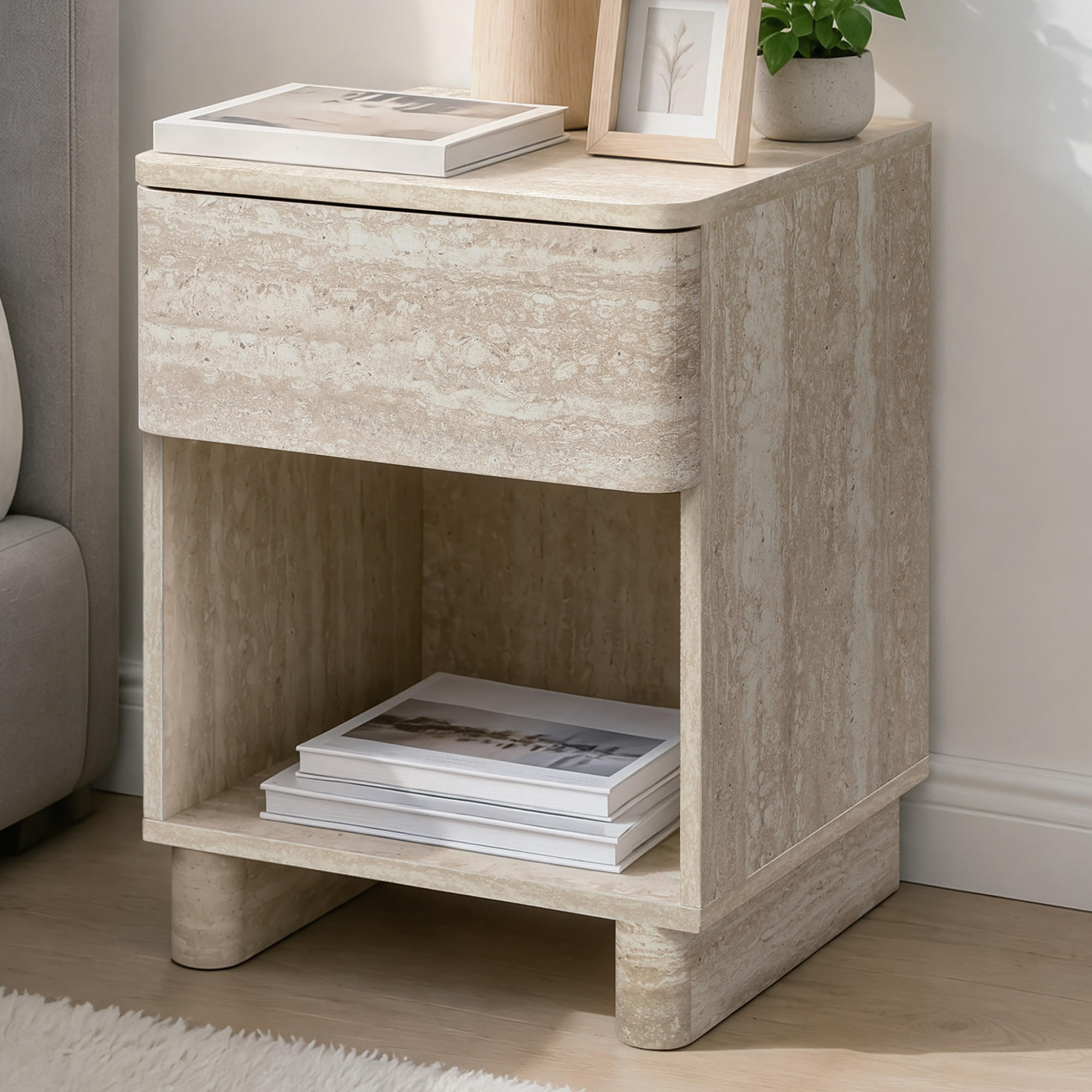 NACHTTISCH in Travertin-Optik | B53 x T45 x H50 cm - Beige, Holzwerkstoff (40/54/40cm) - Hometopia