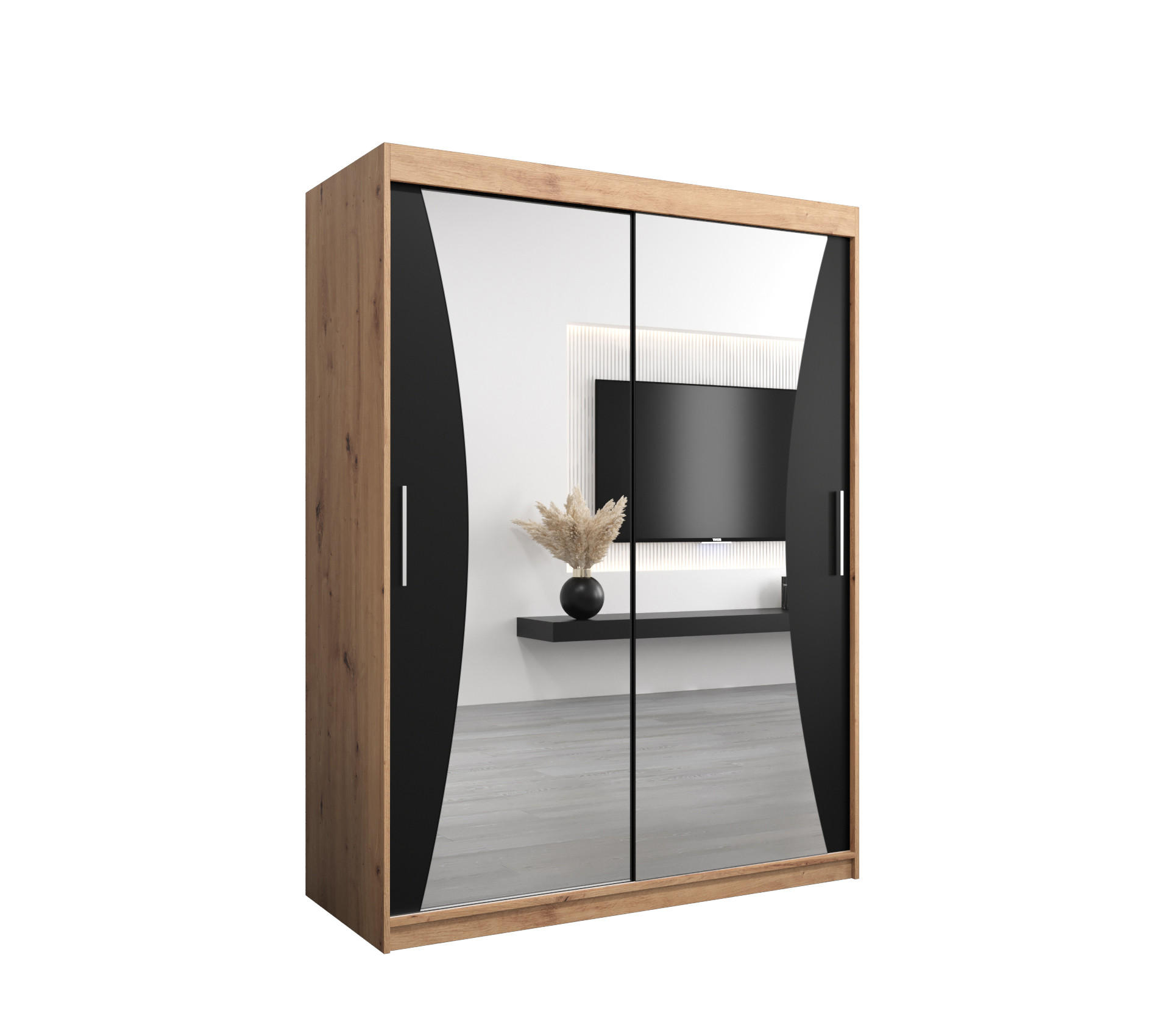 Abiks Möbel Schwebetürenschrank Eiche Artisan, Schwarz 150x200x62 cm