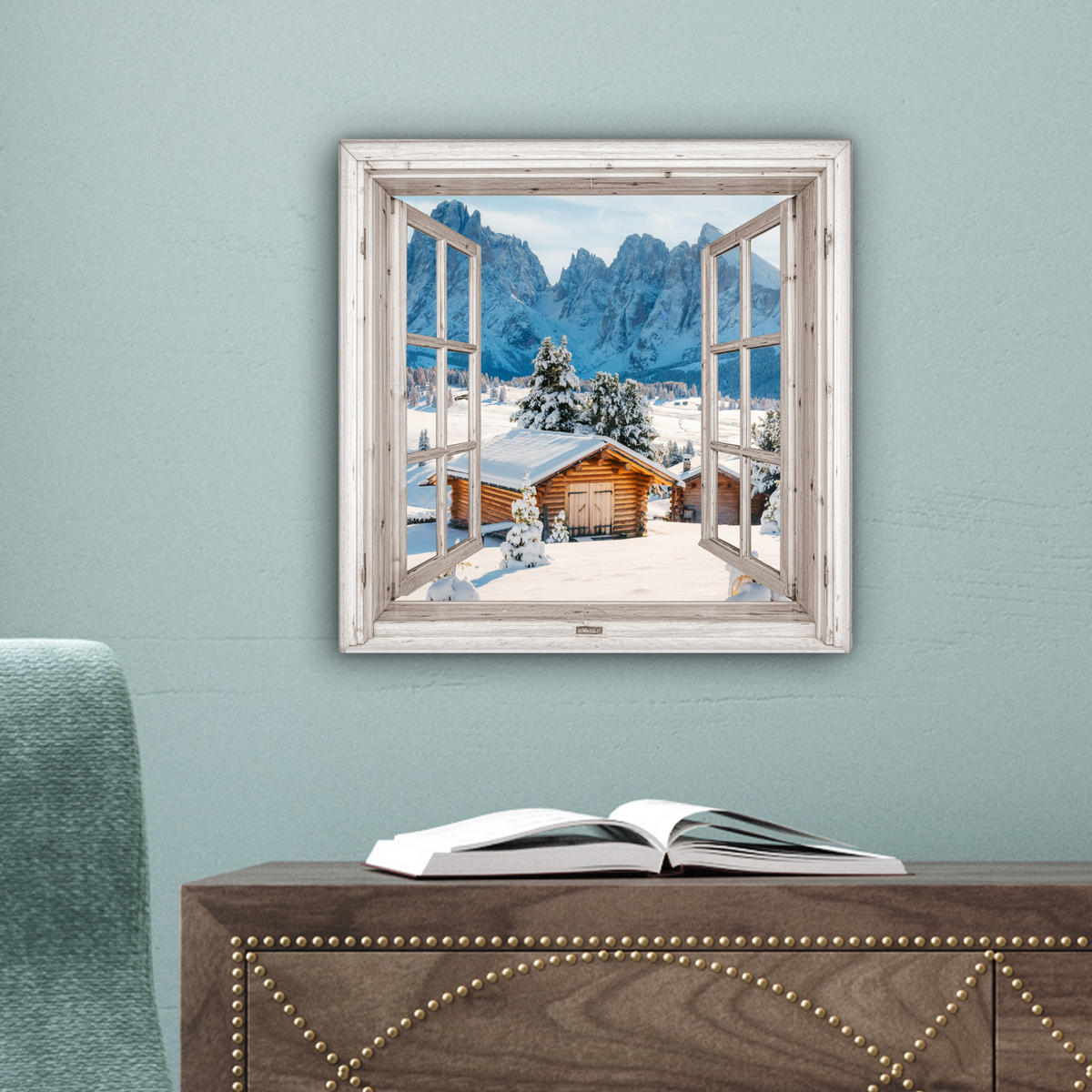 LEINWANDBILD Winterlandschaft - Hütte - Berge - Ausblicke - Aussicht - Natur 20x20 cm - Weiß Hochglanz, Textil (20/20cm) - MuchoWow