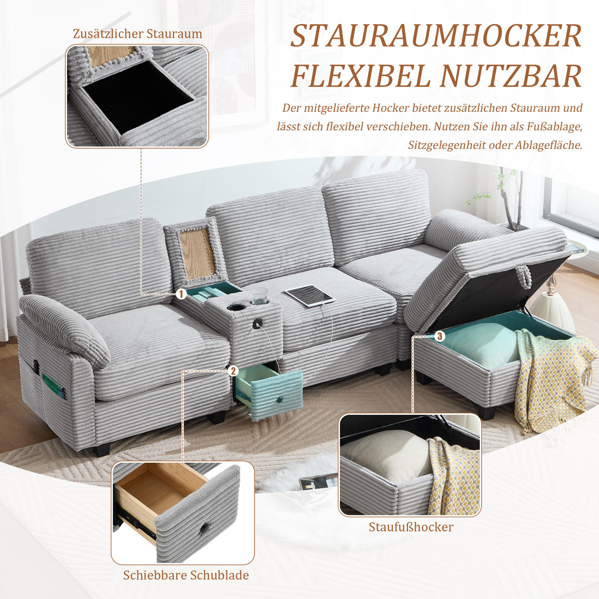 WOHNLANDSCHAFT Cord mit Stauraum und USB-Anschluss 266/136/82 cm Hellgrau - Hellgrau, Textil (136/82/266cm) - Redom