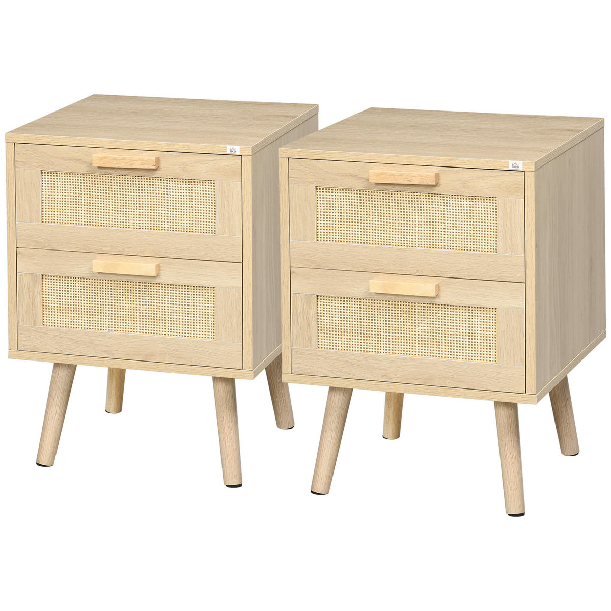 NACHTSCHRANK 2er-Set DE-12815 2 Schubladen mit Rattan Naturholz - Naturfarben, Holzwerkstoff (40/56/40cm) - ComfortXL