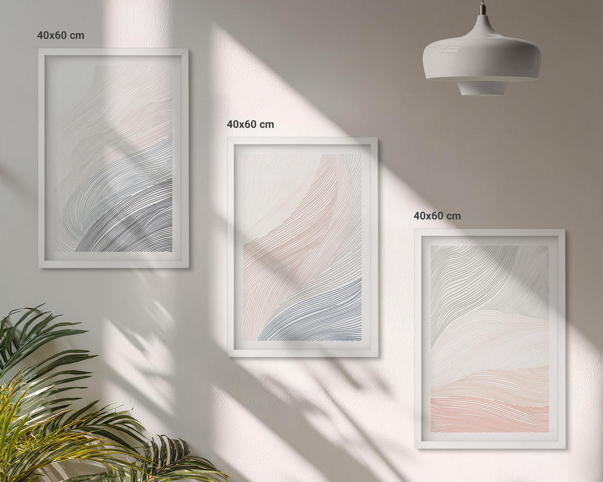 BILDER SET 3er Set - 40x60 cm Weißer Rahmen - Abstrakte Wellen, Karton, Pastell - Weiß, Kunststoff (40/60cm) - TULUP
