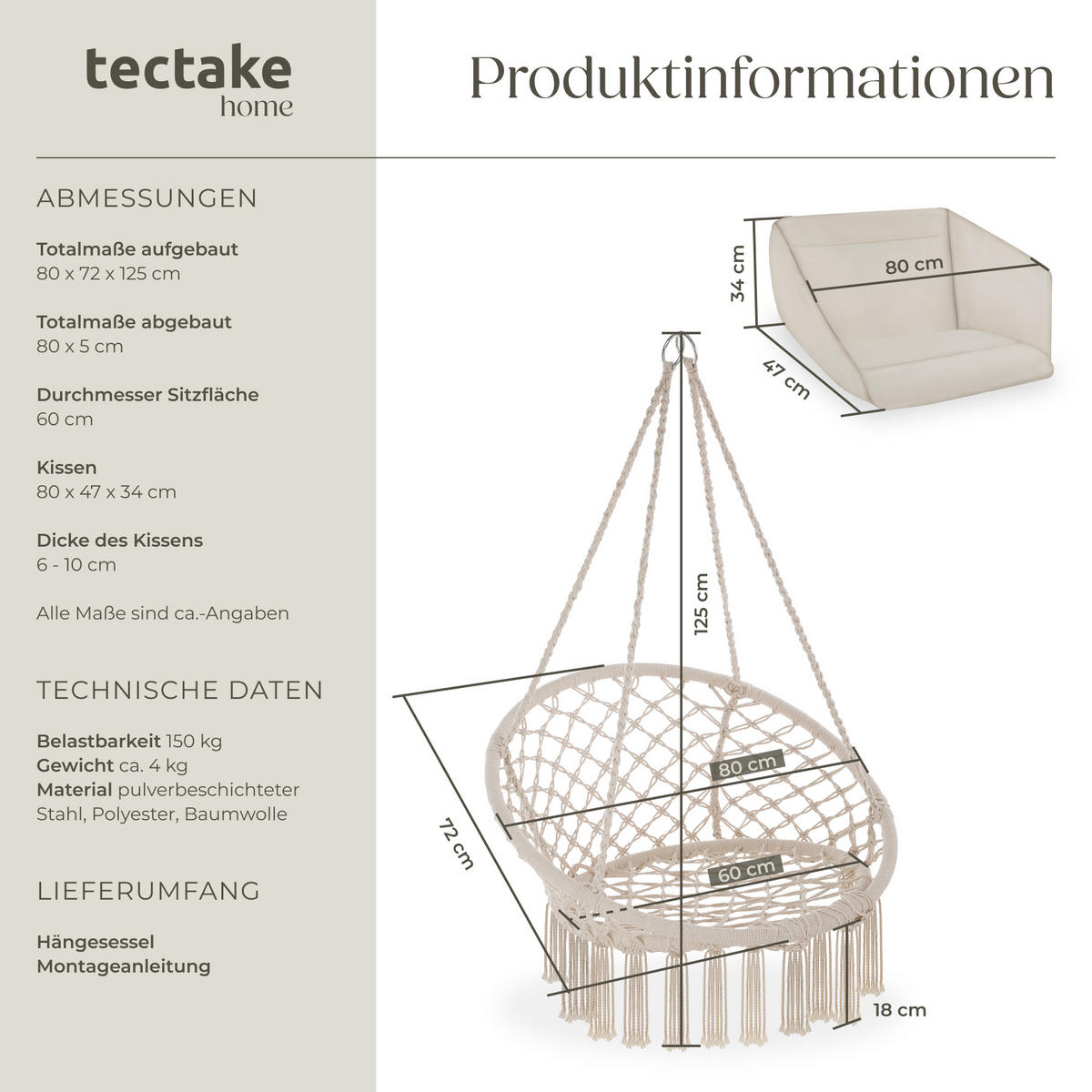 HÄNGESESSEL Grazia,80 x 72 x 125 cm,beige - Beige, Kunststoff/Metall (80/125/72cm) - tectake