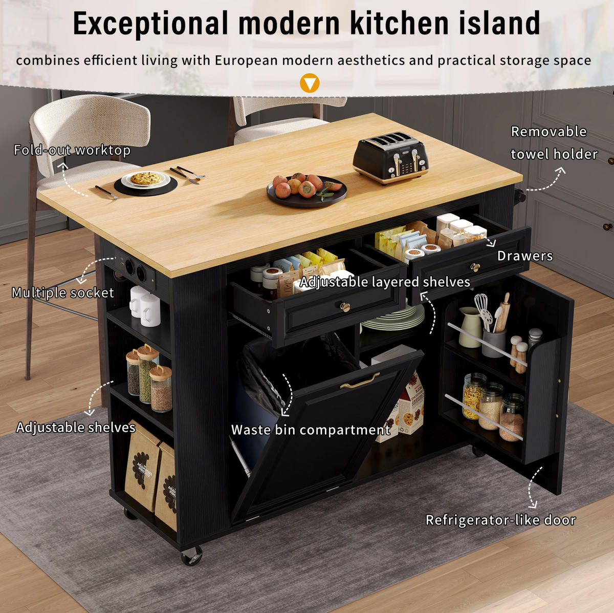 KÜCHENINSEL 120/92/40-70 cm Schwarz/Natur aus MDF mit Rollen und Ausziehtisch - Schwarz, Holzwerkstoff (70/92/120cm) - OKMYHOME
