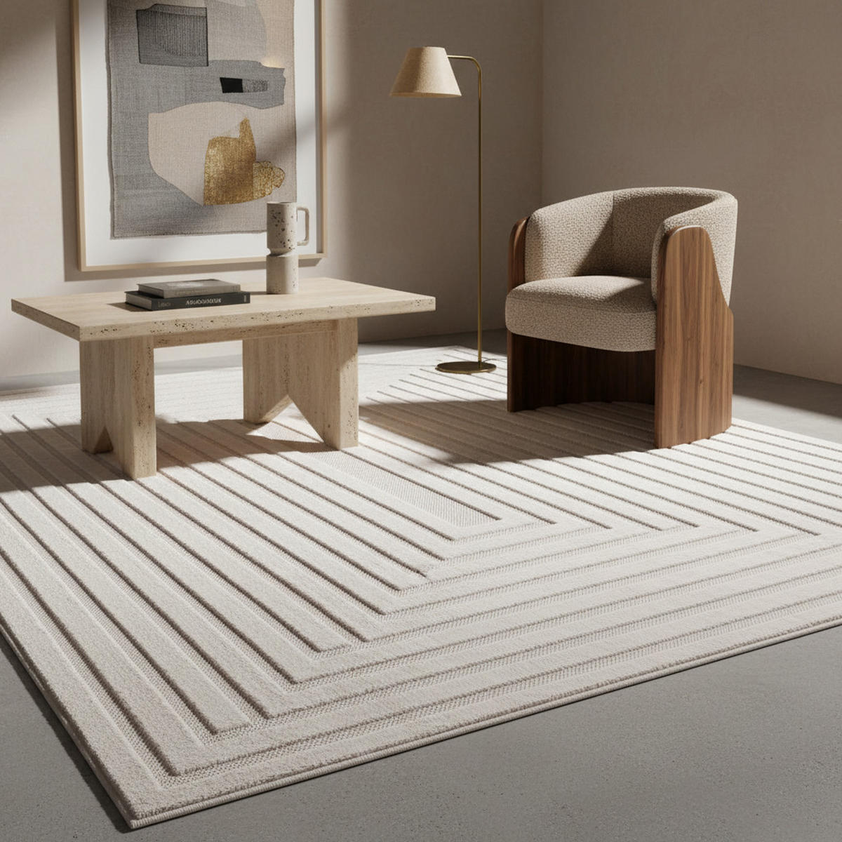 TEPPICH In-/Outdoor Kurzflor Reliefoptik Design Polypropylen Balkon Creme Rechteckig 240x340 - Beige, Textil (240/340cm) - KADIMA DESIGN