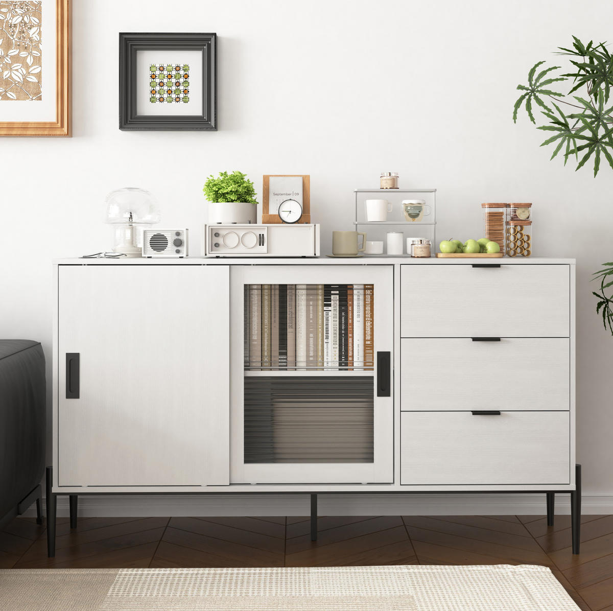 SIDEBOARD mit 2 Glastüren und 3 Schubladen in Weiß - Weiß, Holzwerkstoff (155/91.5/40cm) - BEAOK