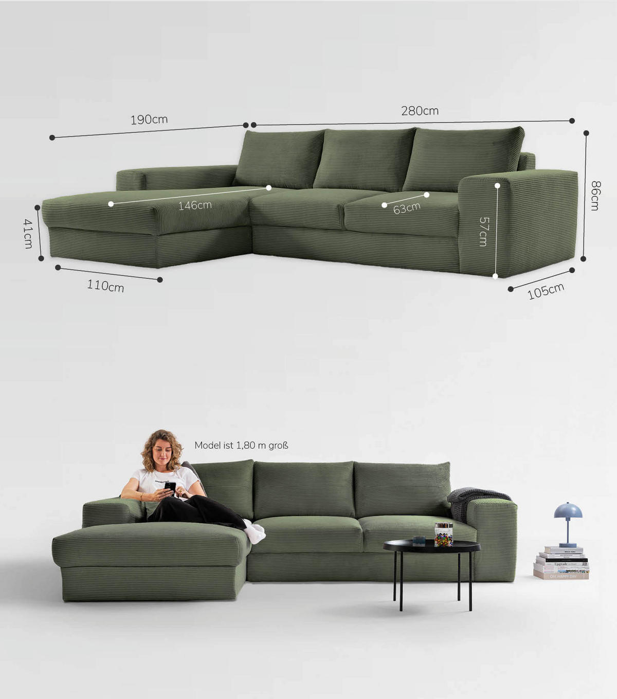 ECKSOFA Der Klassiker Recamiere links - Mintgrün, Textil (280/190cm) - Mokebo